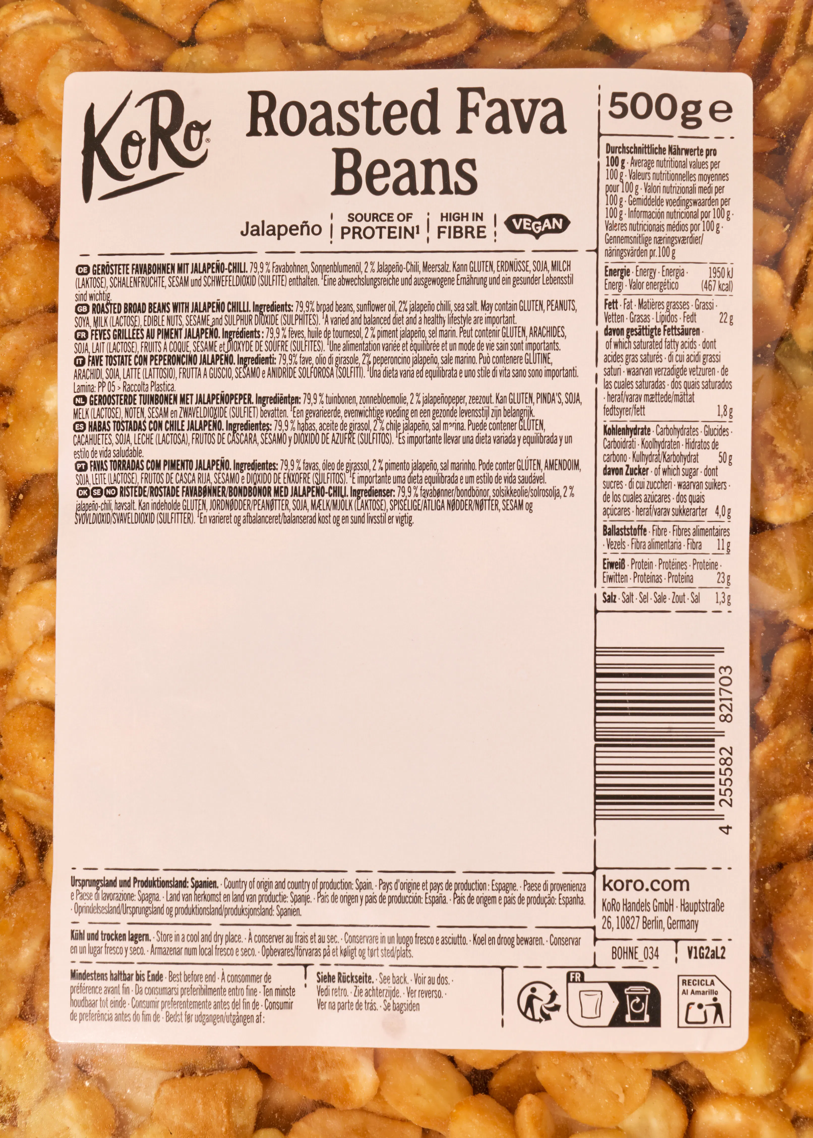 emballage de fèves grillées au piment jalapeño de la marque koro affichant les informations nutritionnelles et la liste des ingrédients en plusieurs langues.