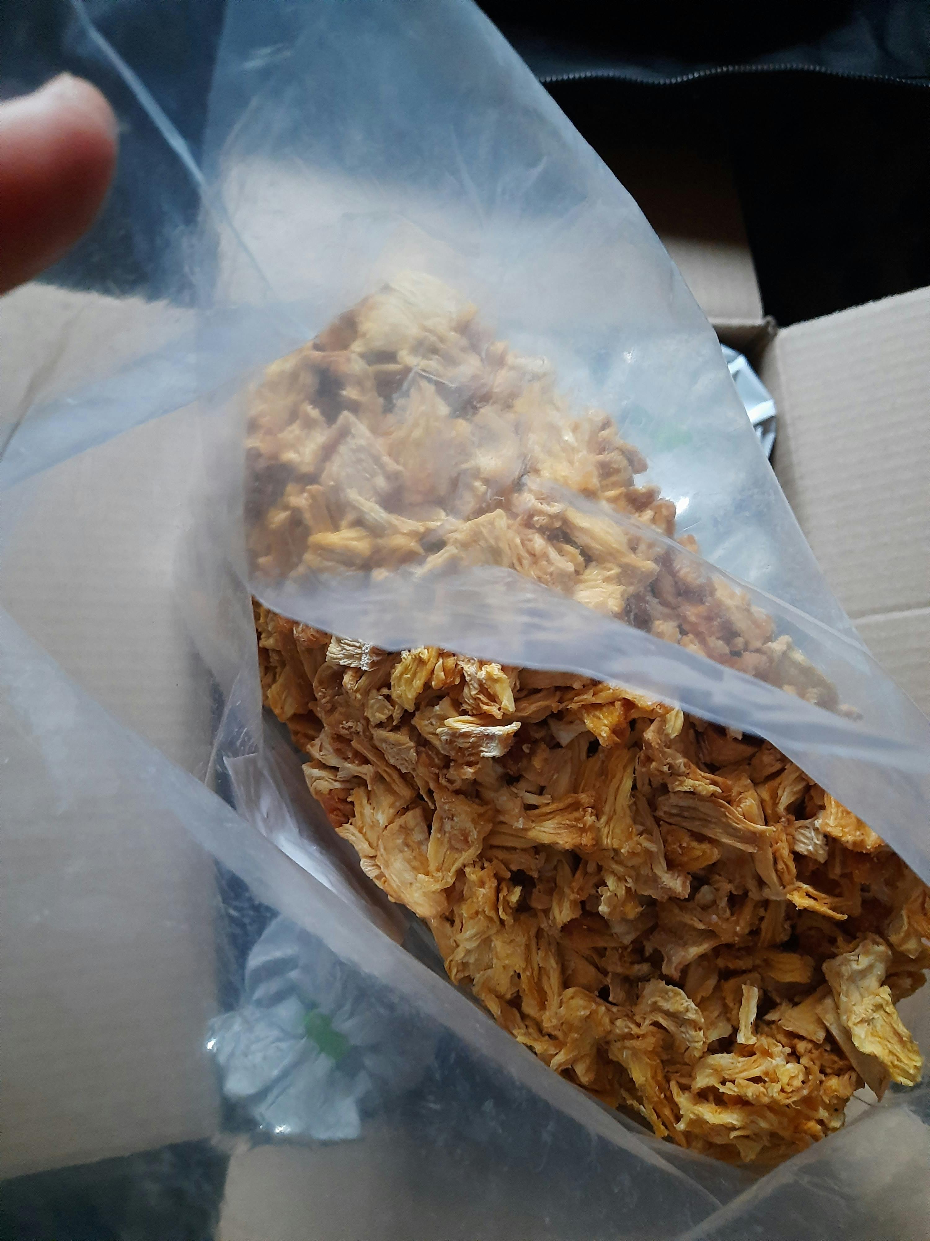 eine Person hält eine Plastiktüte mit getrockneten Zwiebeln darin