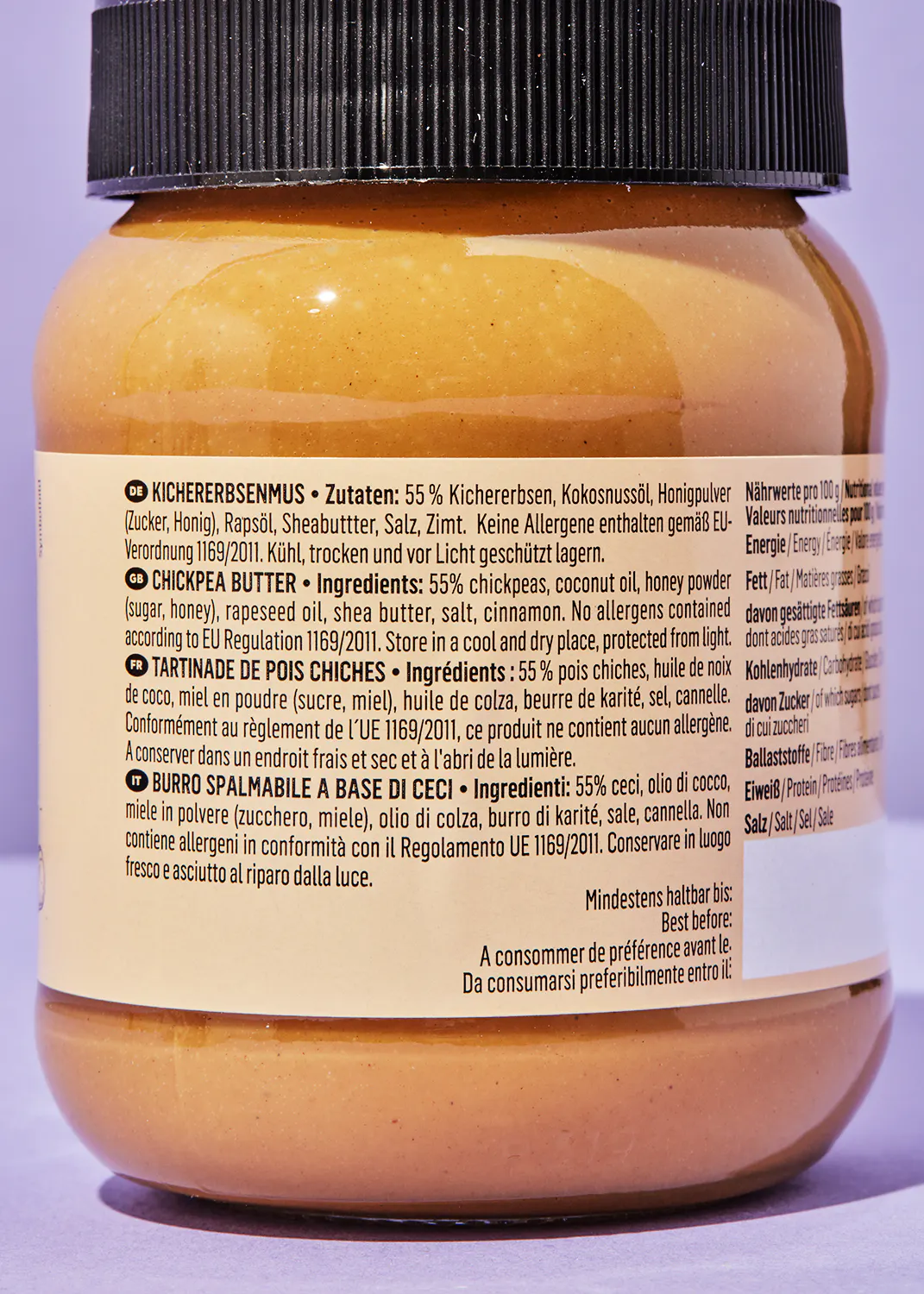 the back of a jar of chickpea butter shows the ingredients