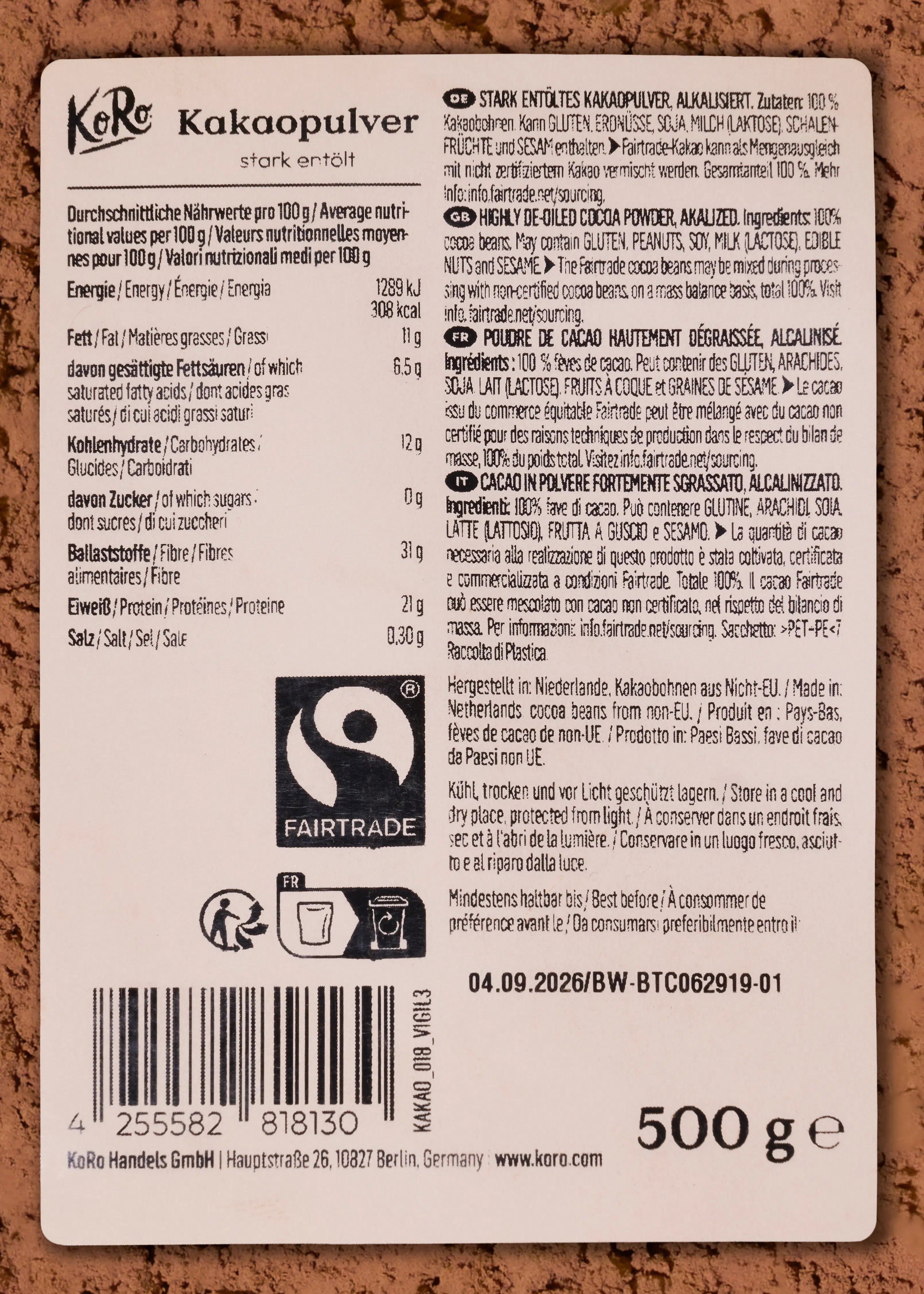 Cacao en polvo desgrasado Comercio Justo 500 g