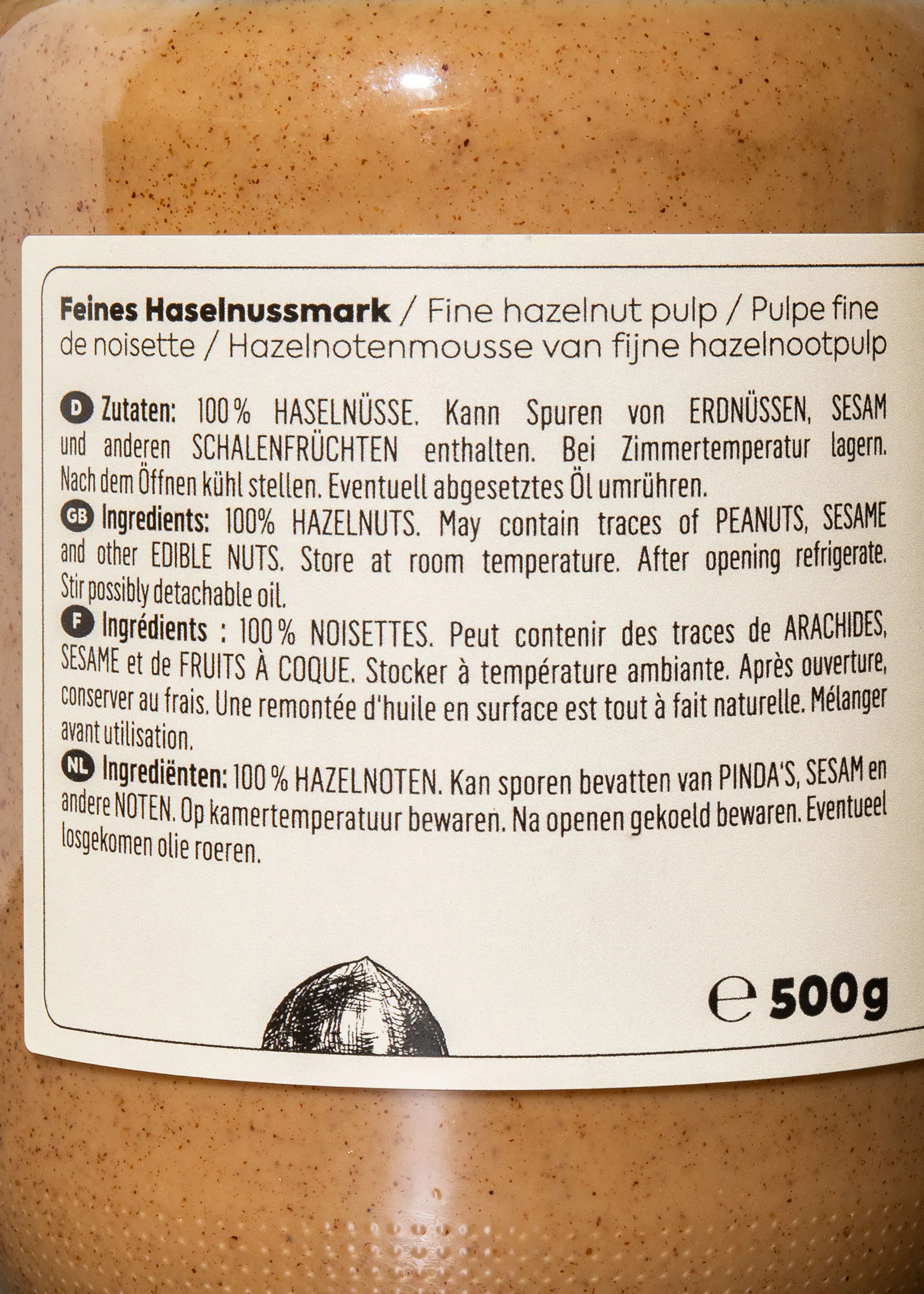 eine Nahaufnahme der Rückseite eines 500g Haselnussmark-Produkts