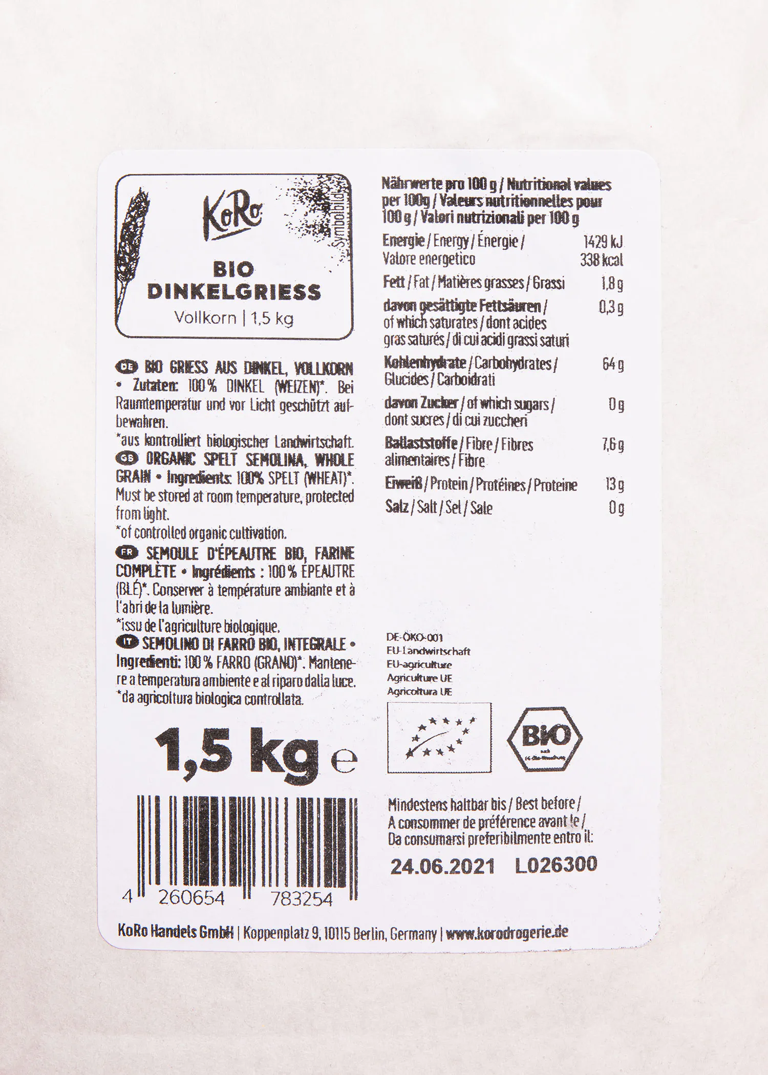 l' étiquette d' un produit bio avec 1,5 kg de farine de dinkel