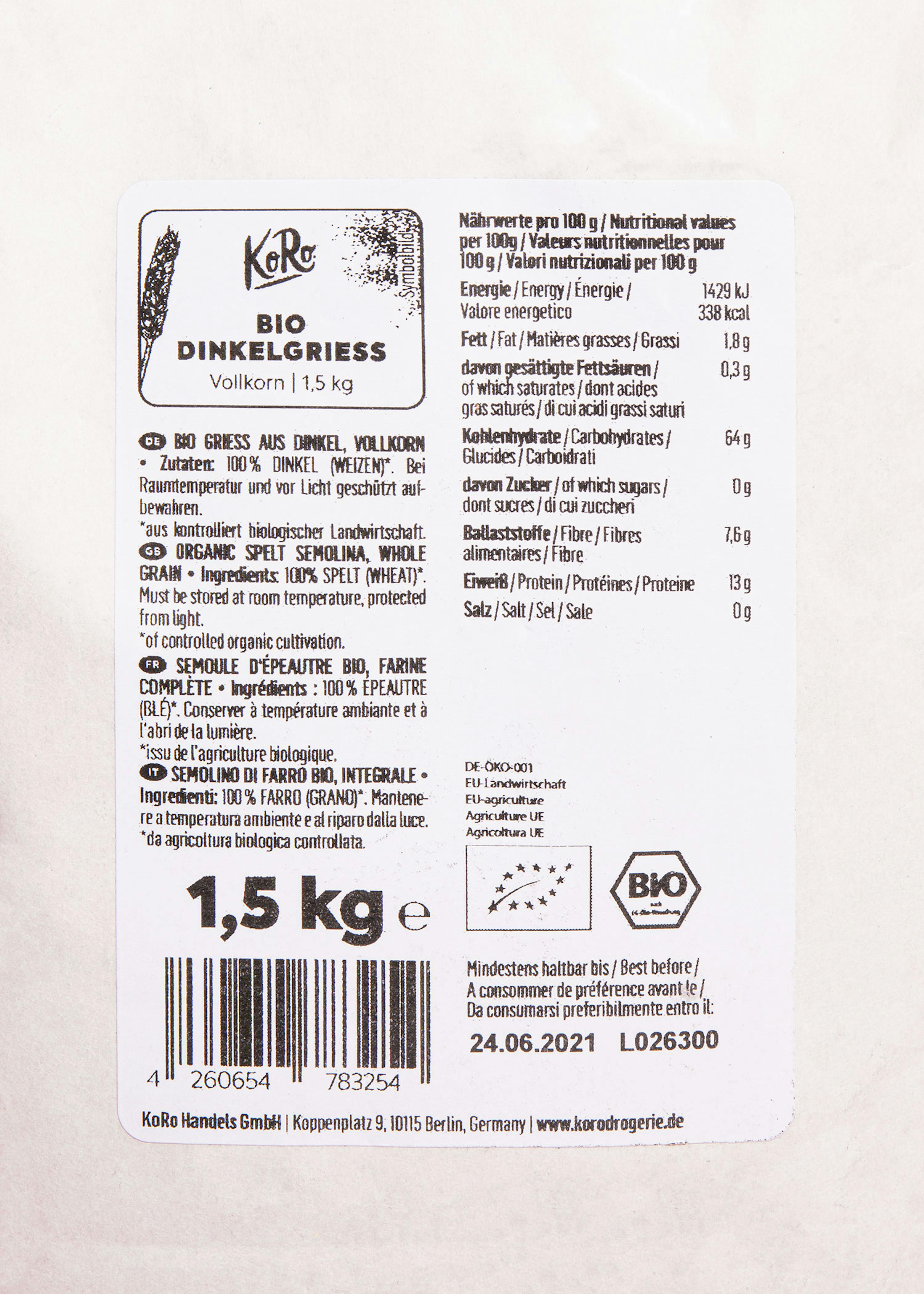 eine Etikett mit der Aufschrift bio dinkelreis vollkorn 1.5 kg