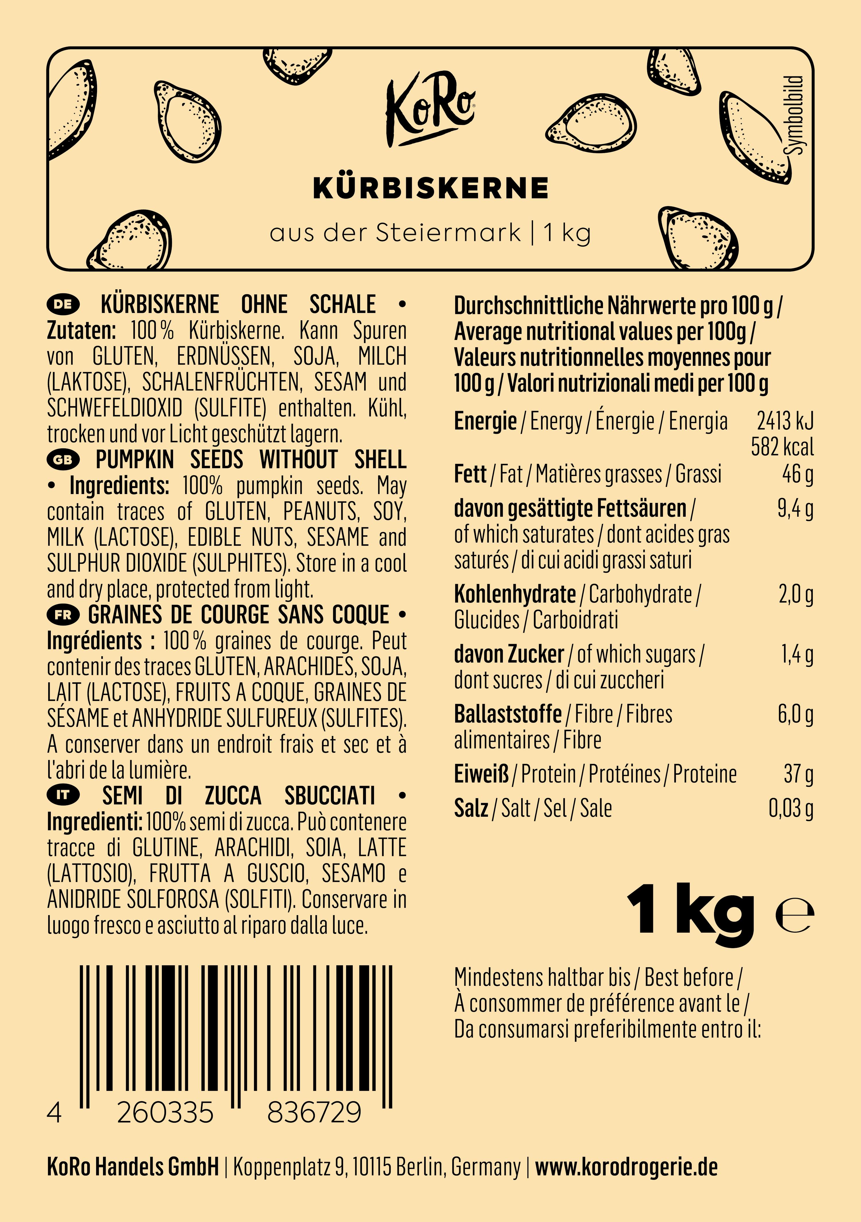 4260335836729 - Kürbiskerne aus der Steiermark 1 kg 4260335836729 - Kürbiskerne aus der Steiermark 1 kg