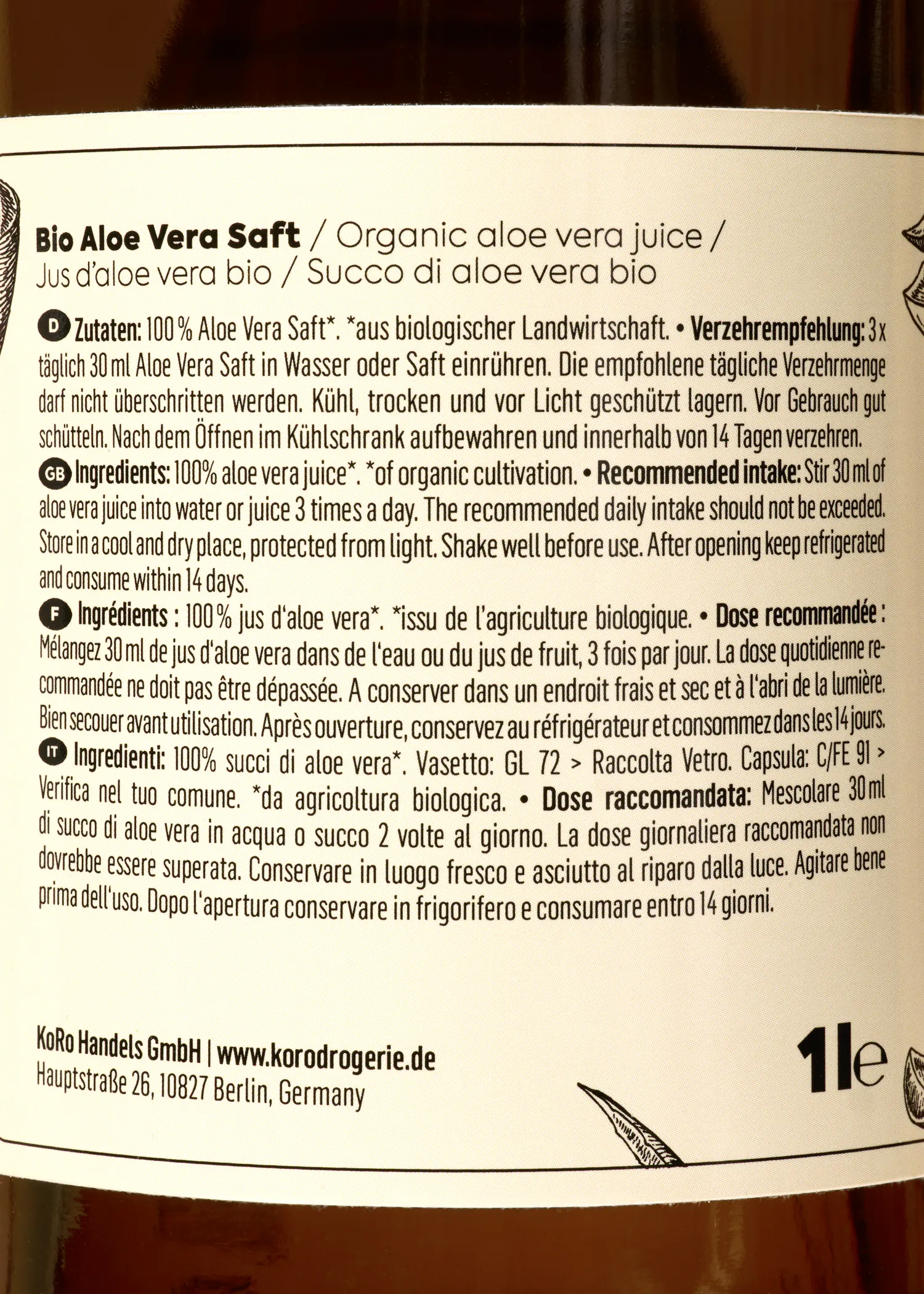 die rückseite einer flasche bio Aloe Verasaft