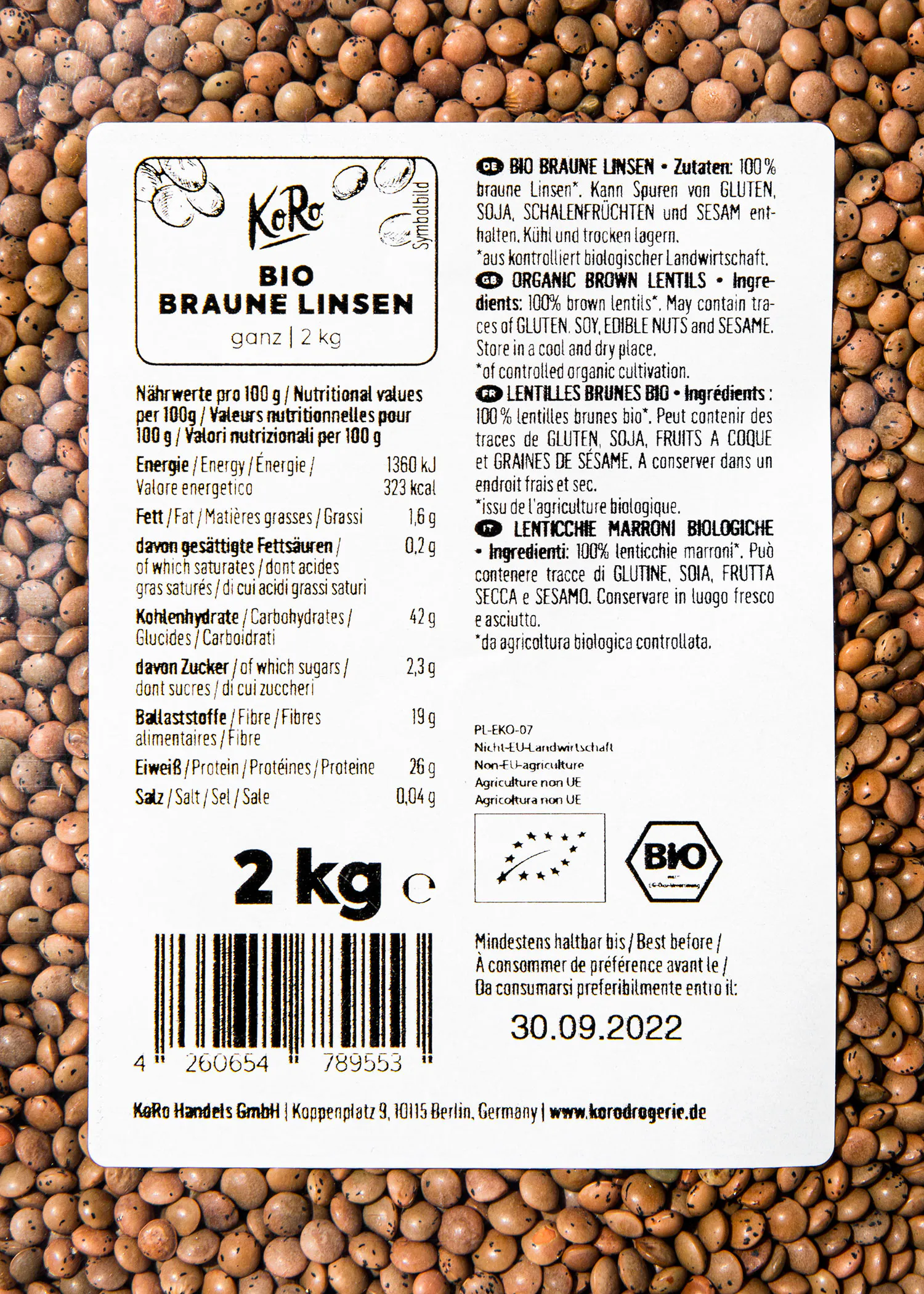 the back of a package of bio braune linsen