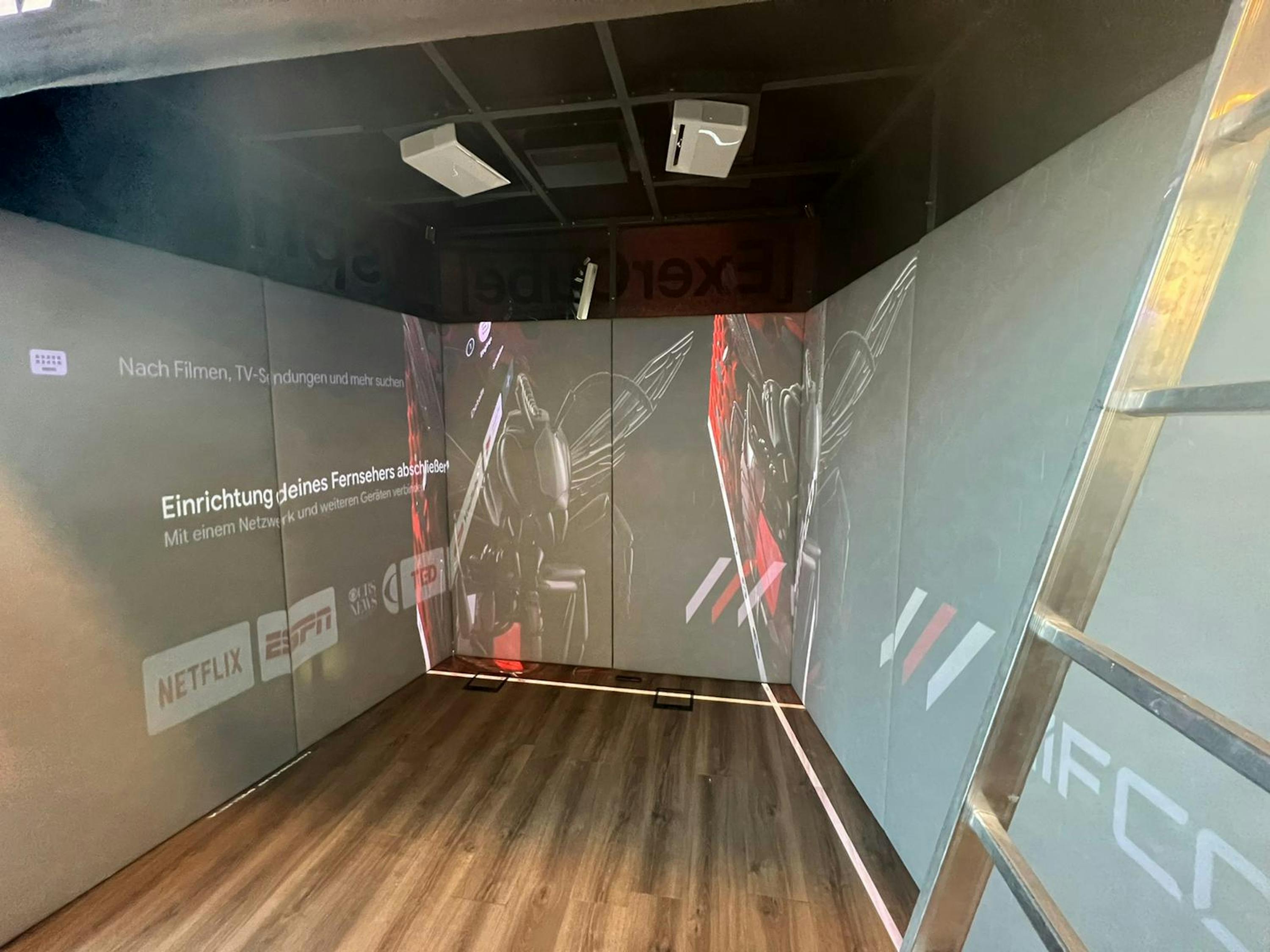 a room with a netflix logo on the wall