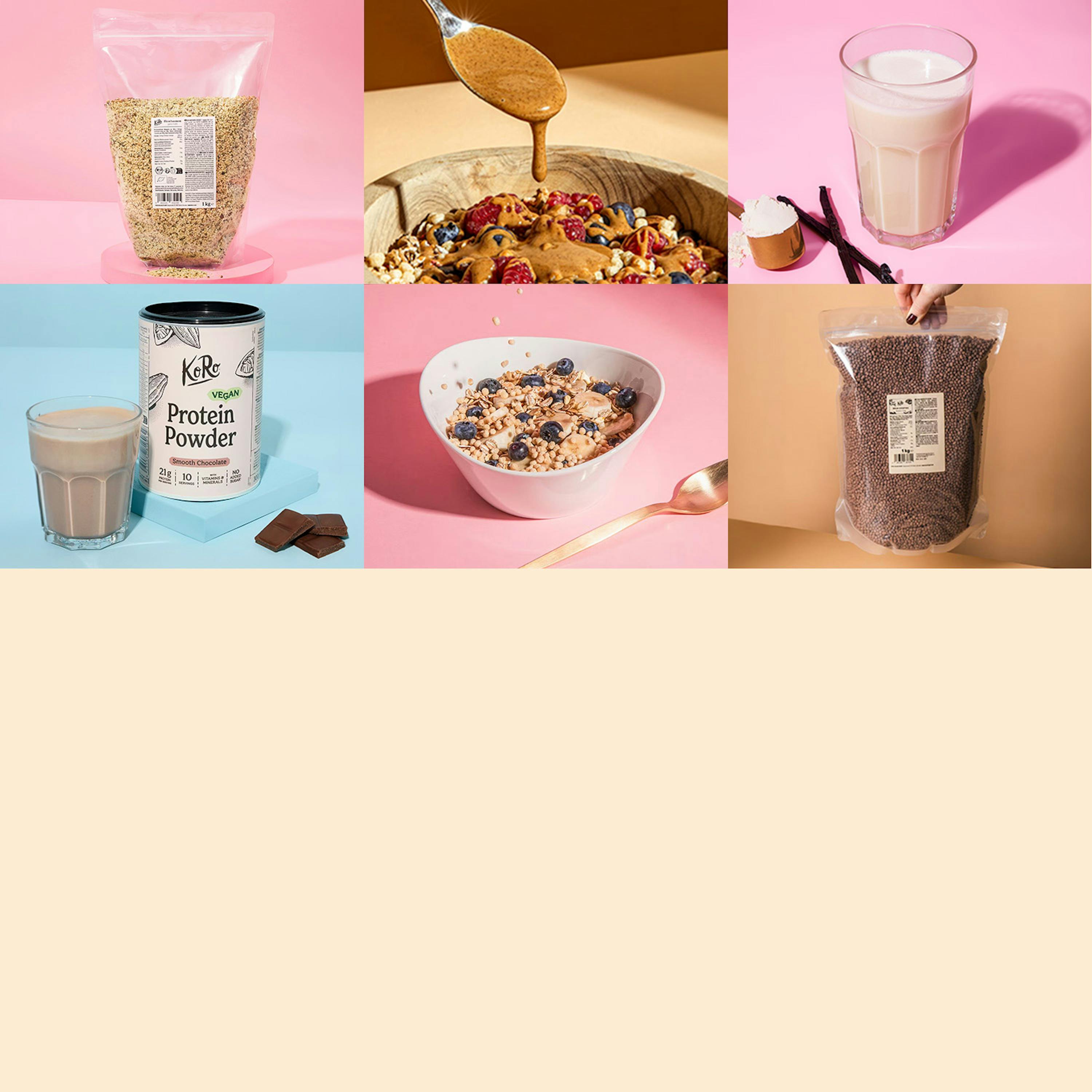 un collage di sei immagini che mostrano prodotti alimentari sani, tra cui semi, cereali con frutti di bosco e burro di arachidi, frullati proteici al cioccolato e alla vaniglia, e polvere proteica vegana.