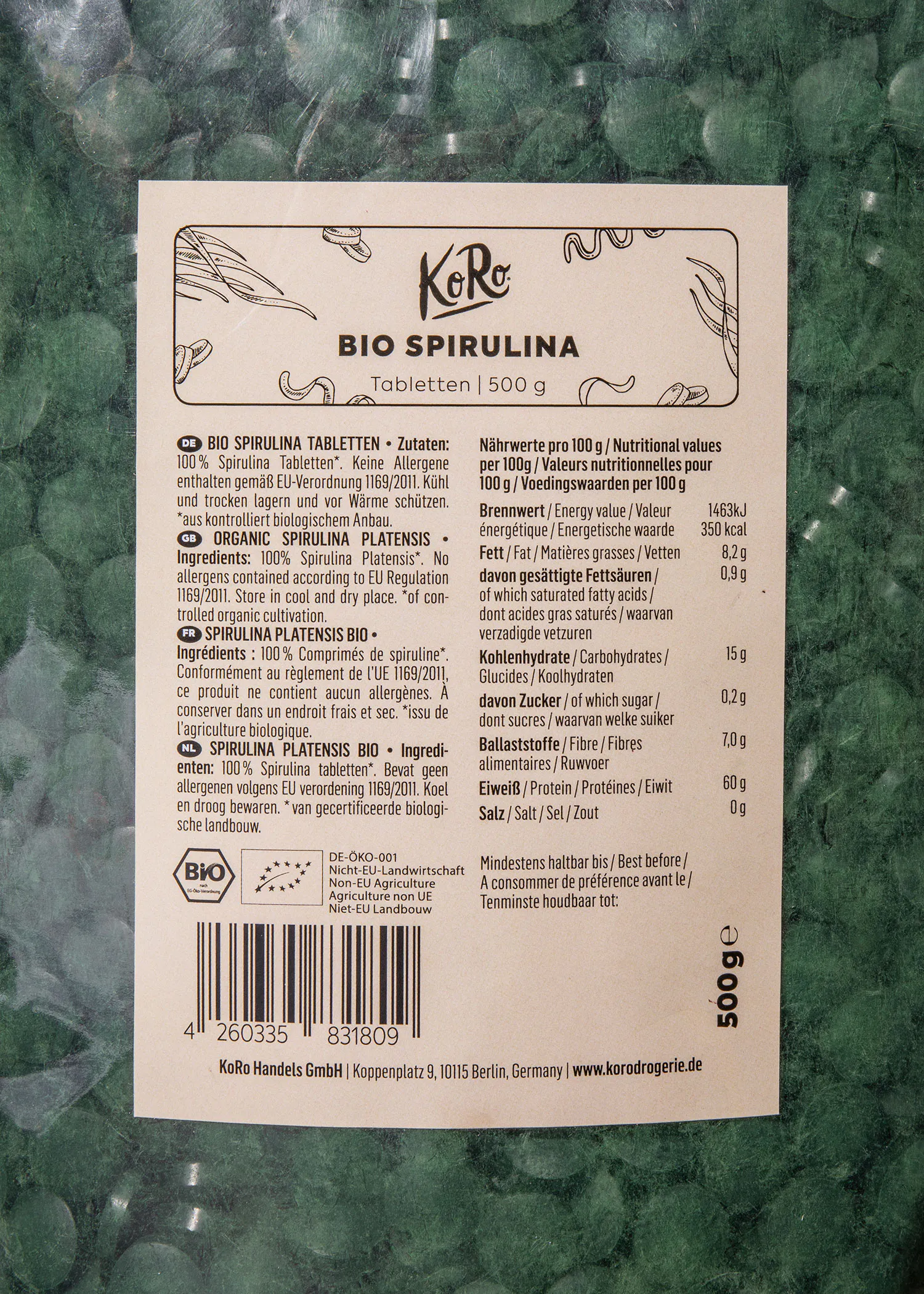 the back of a 500g container of bio spirulina tablets