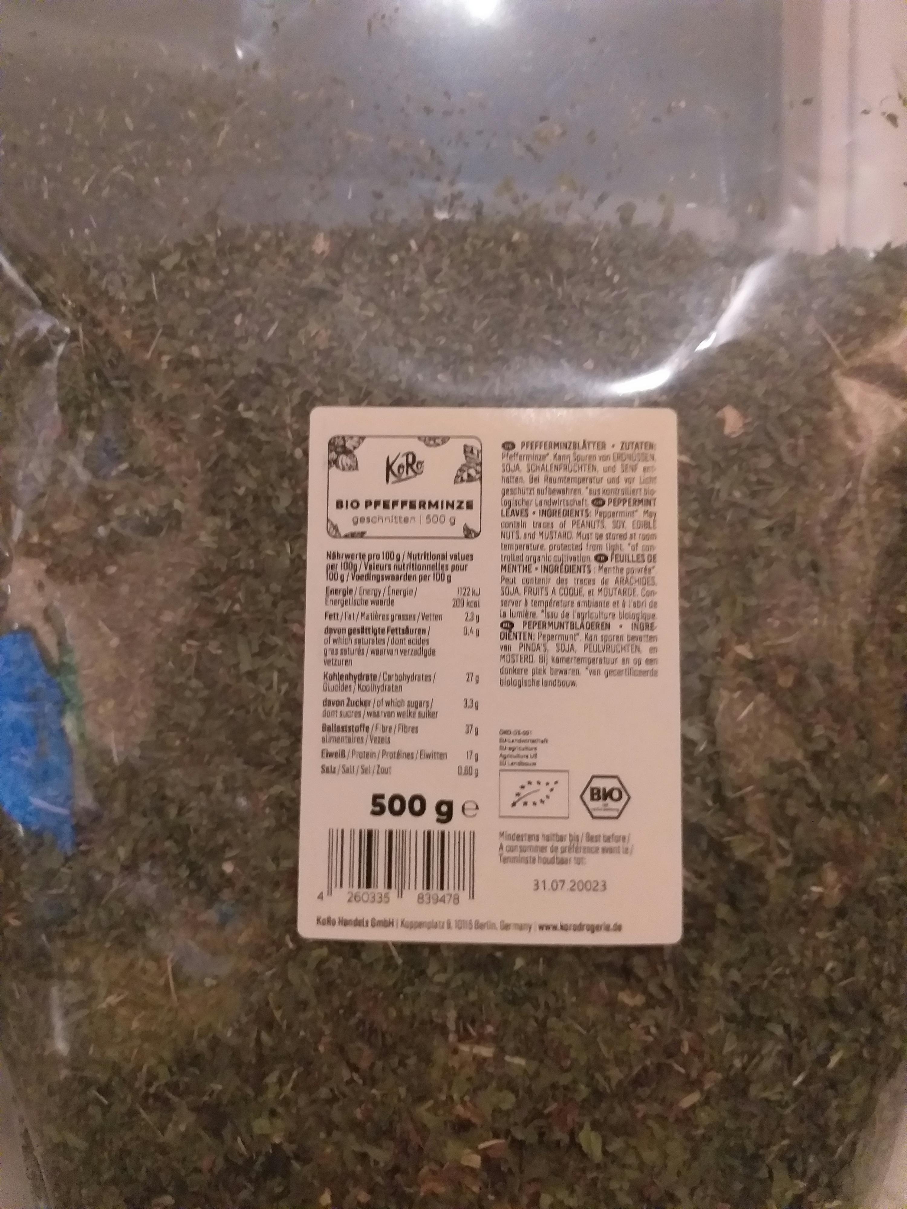 die Rückseite eines 500g-Beutels bio-Pfefferminze