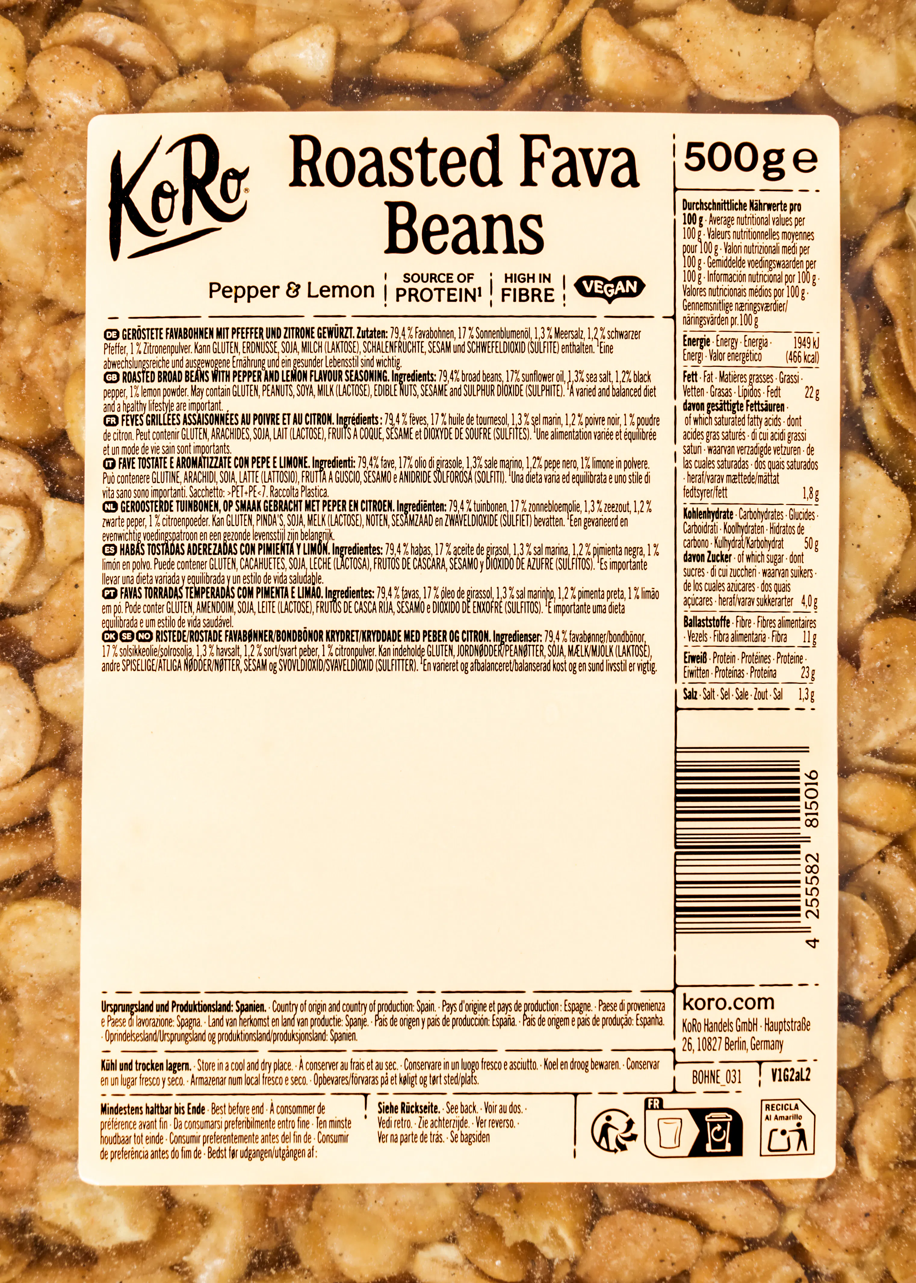 paquet de fèves grillées koro au poivre et au citron avec les informations nutritionnelles et la liste des ingrédients imprimées sur l'étiquette.