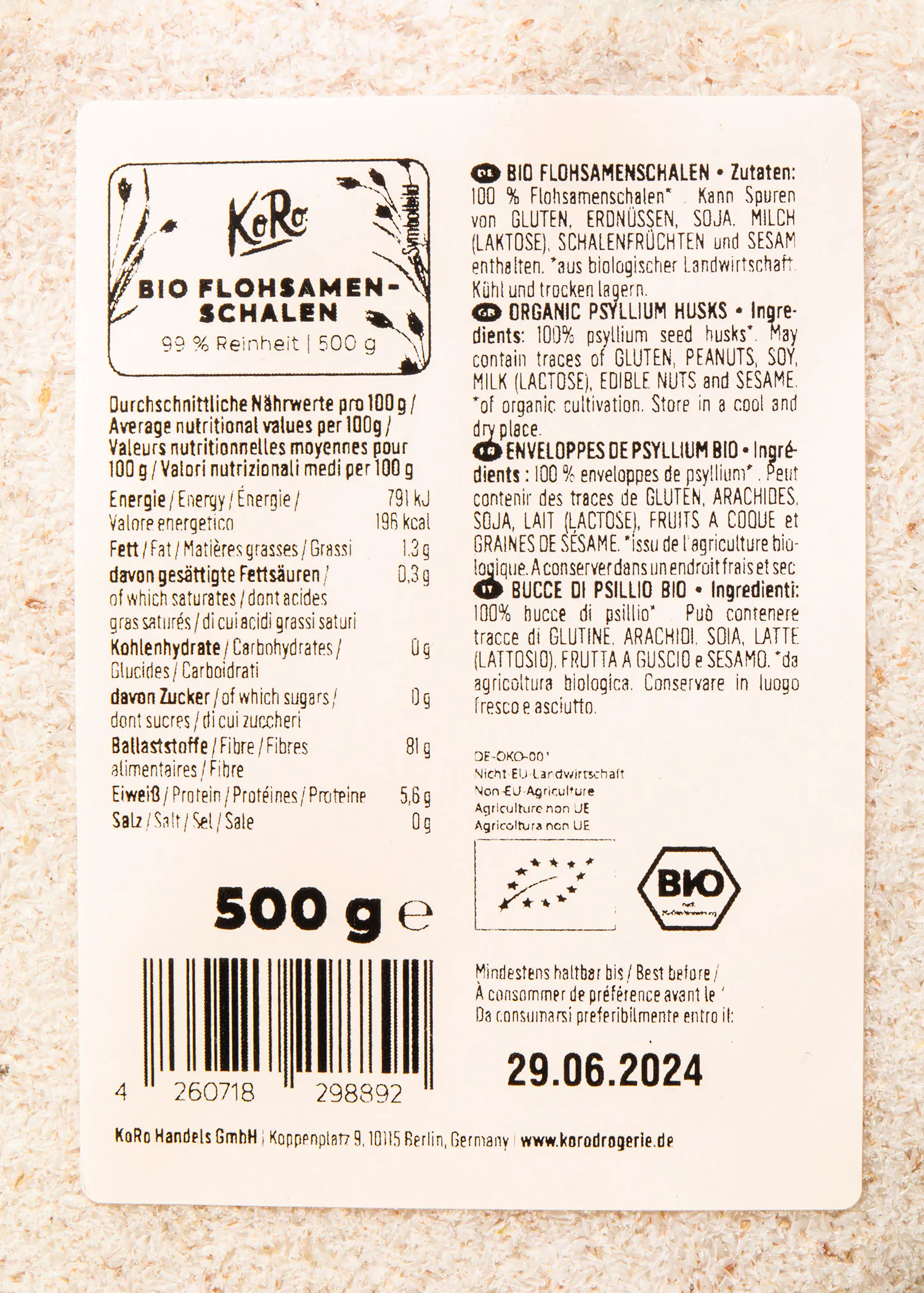 a label for a 500 g container of bio flohsamen schalen