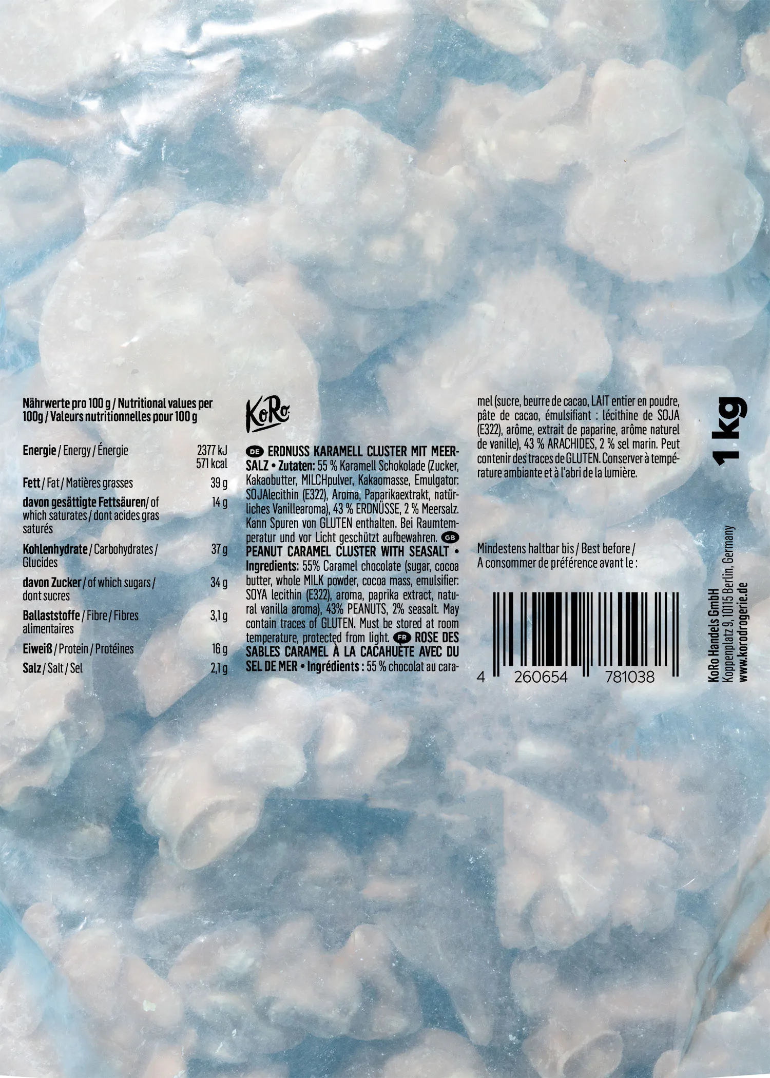 l' arrière de l' emballage d' une boîte de 1 kg de caramel au beurre de cacahuète