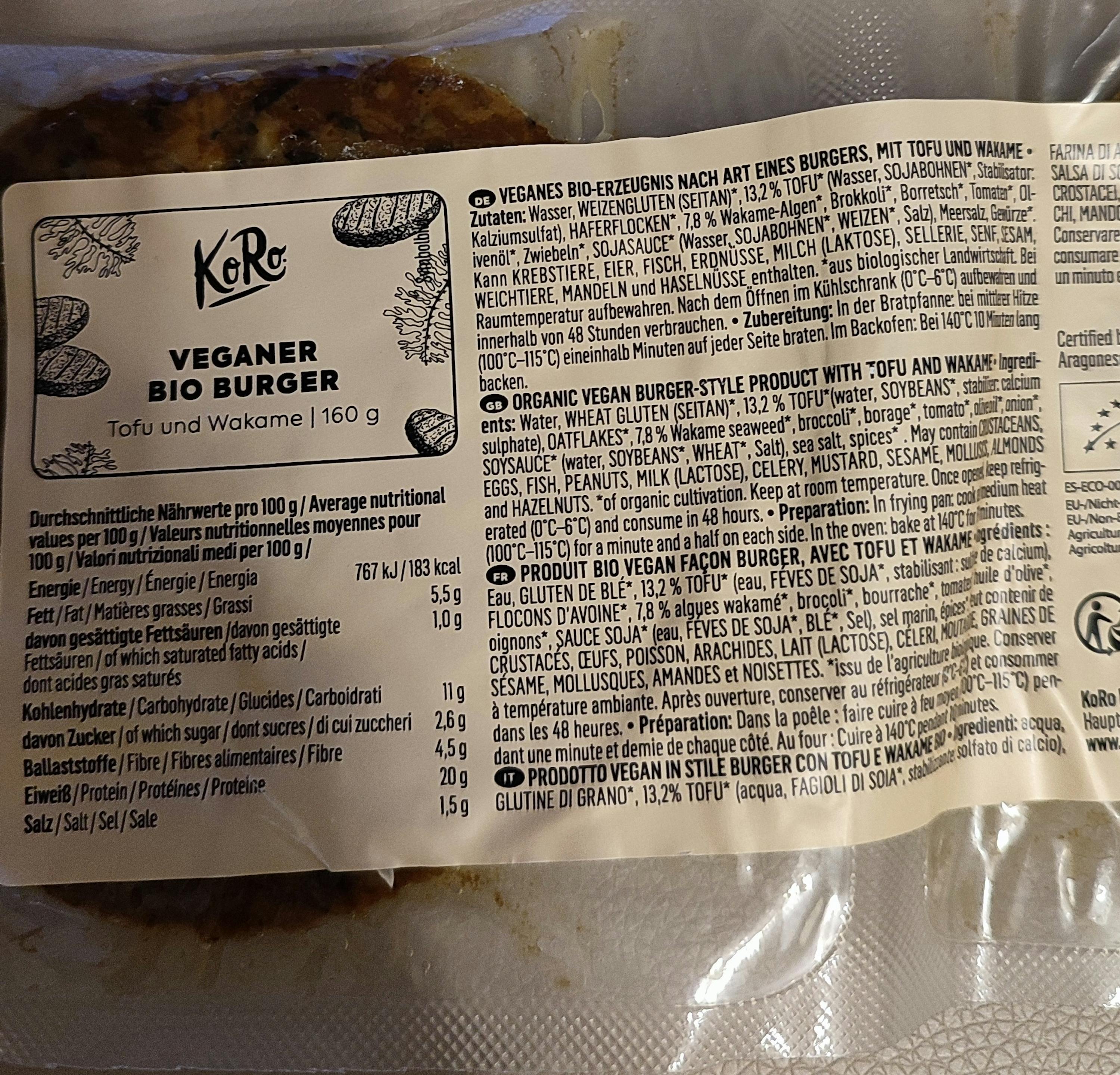 the back of a package of a veganer bio burger