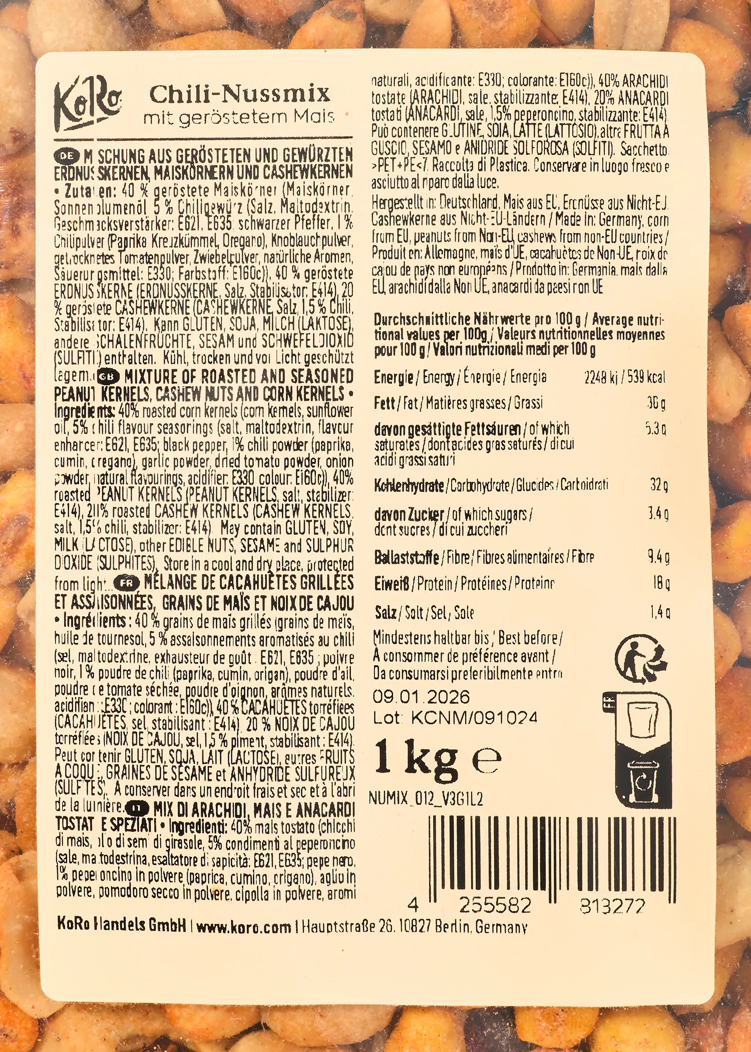 the back of a package of chili-nusmix nuts