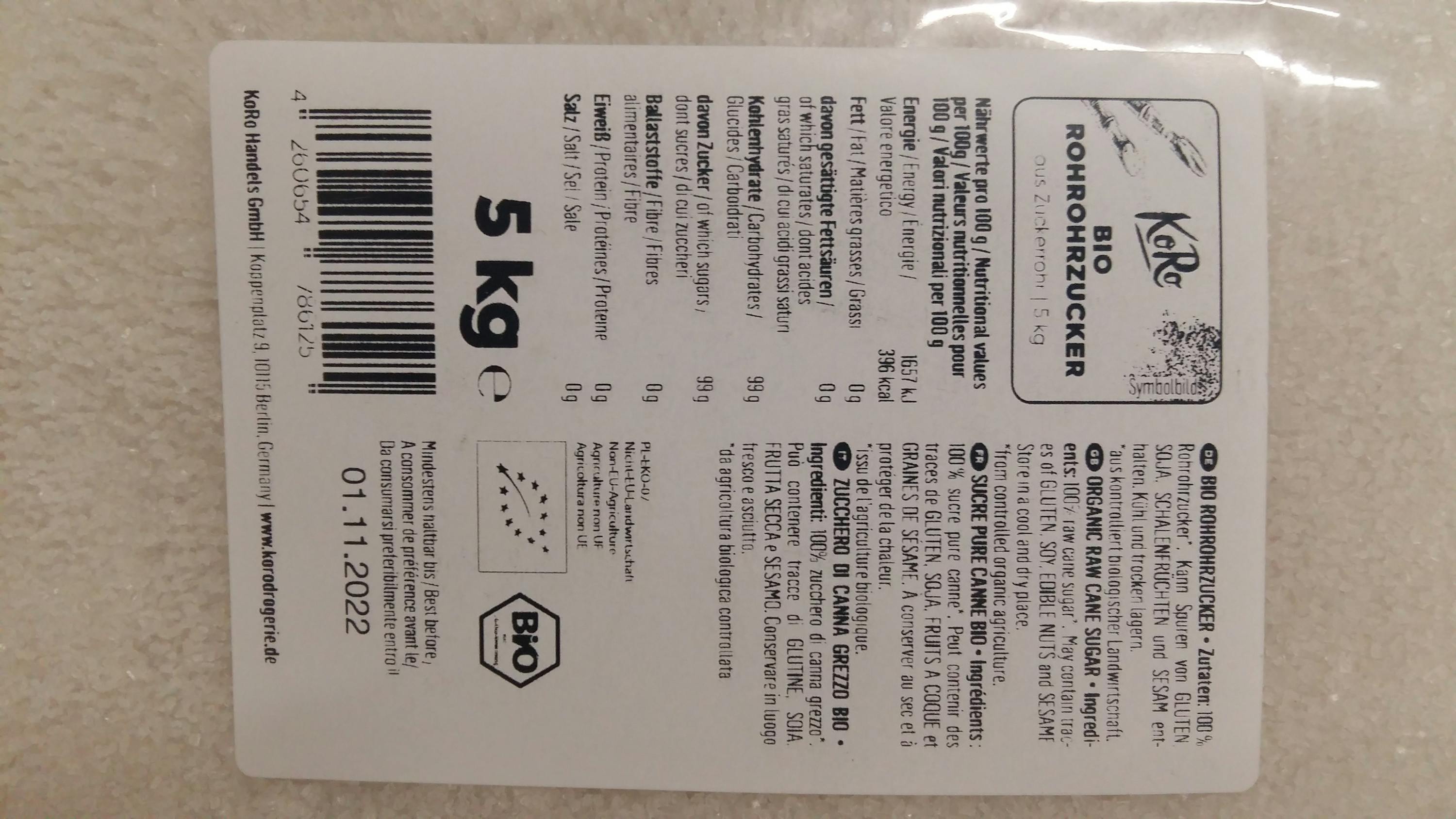 a label for a 5 kg container of bio rohrzucker