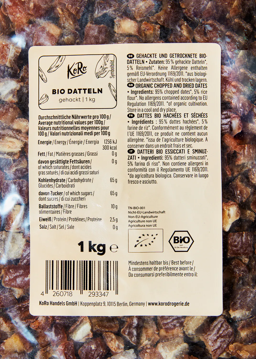 die Rückseite einer verpackten Bio Datteln mit einer barcode