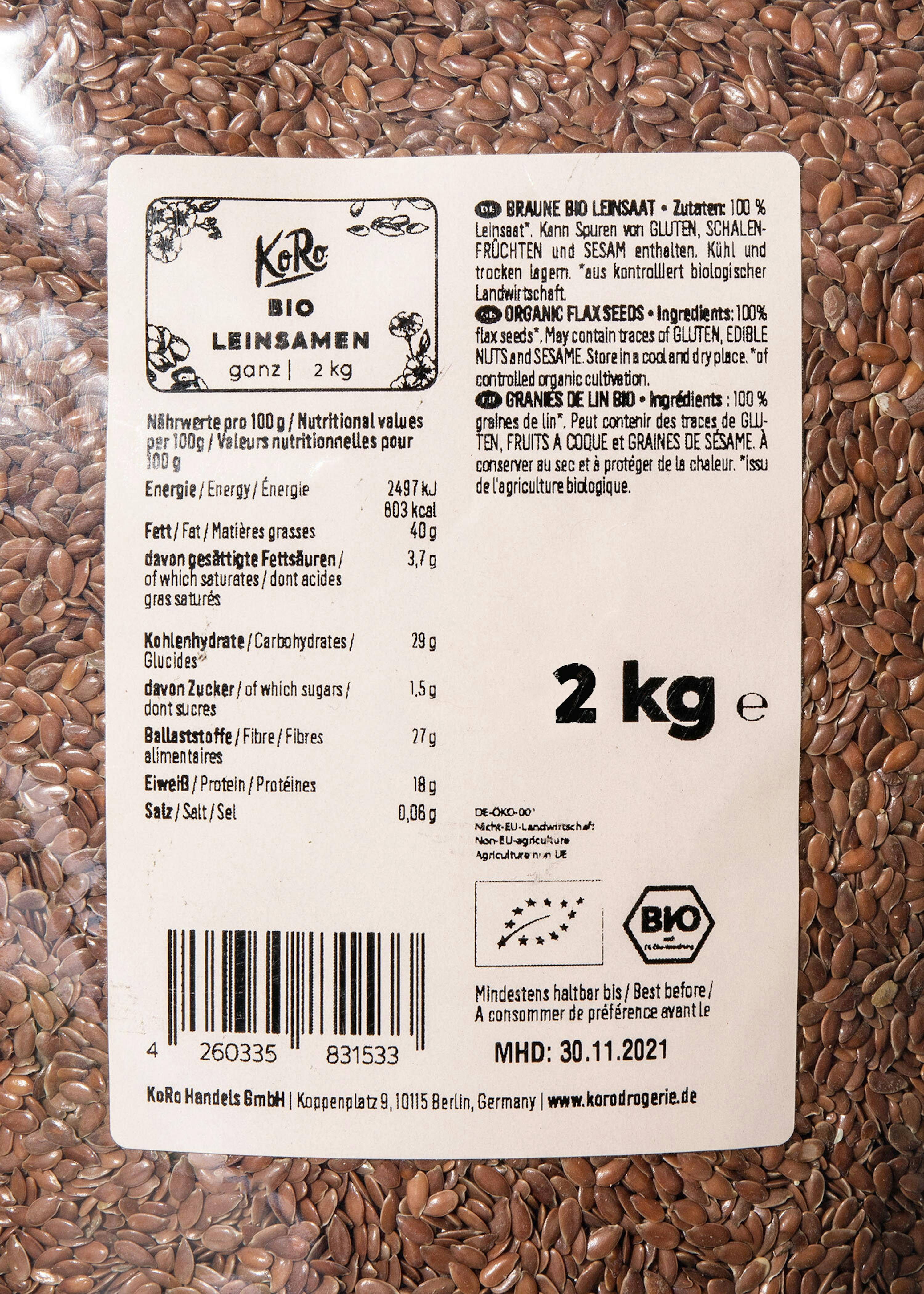 Graines de lin entières bio 2 kg - Sans additif