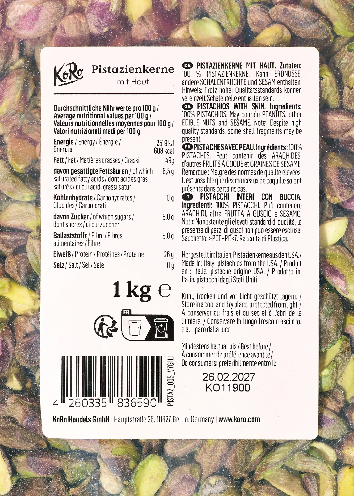 étiquette de produit koro pour 1 kg de pistaches avec peau, affichant les informations nutritionnelles, les ingrédients et la date de péremption.