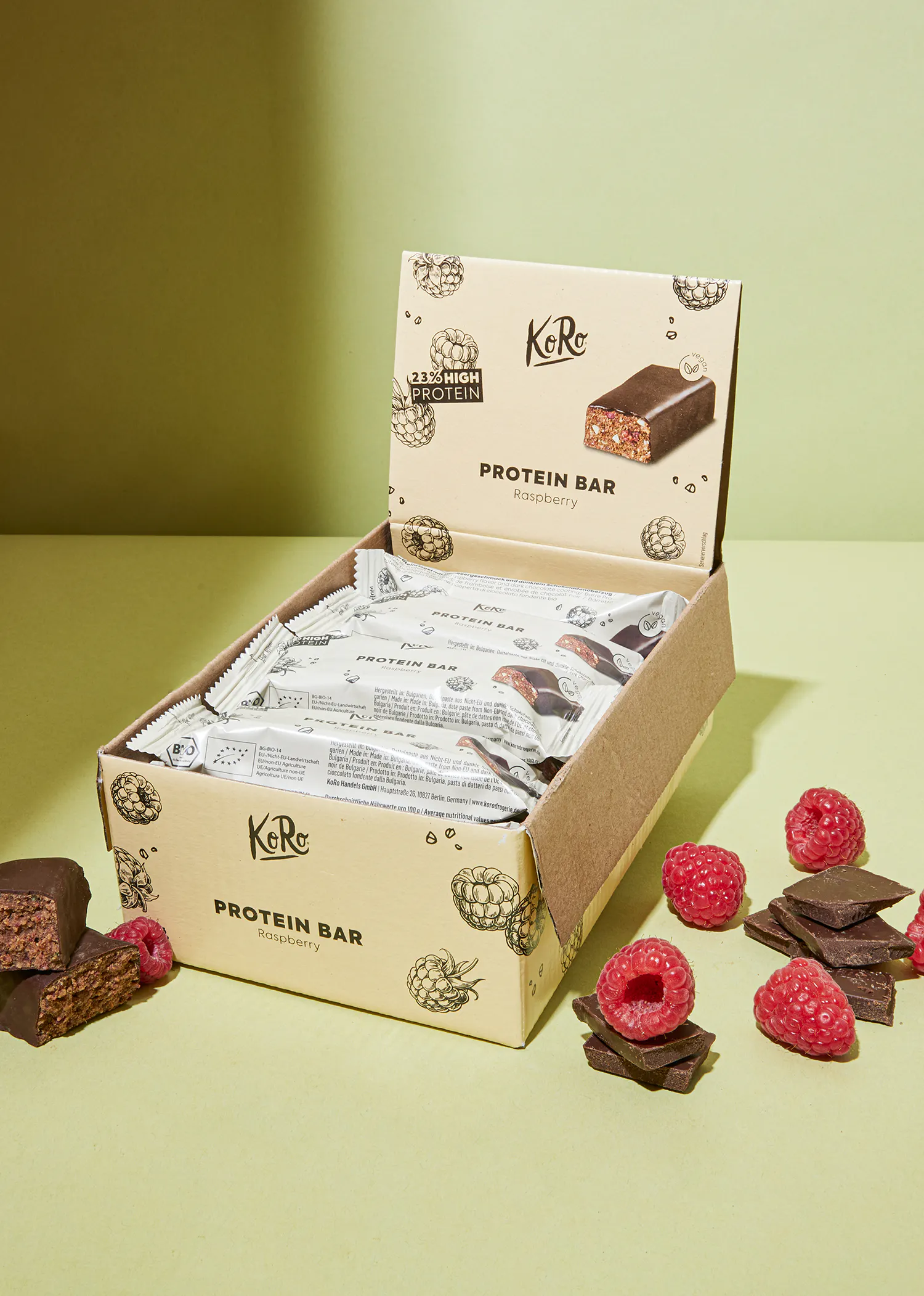 eine Box mit einer proteinbar mit Himbeeregeschmack