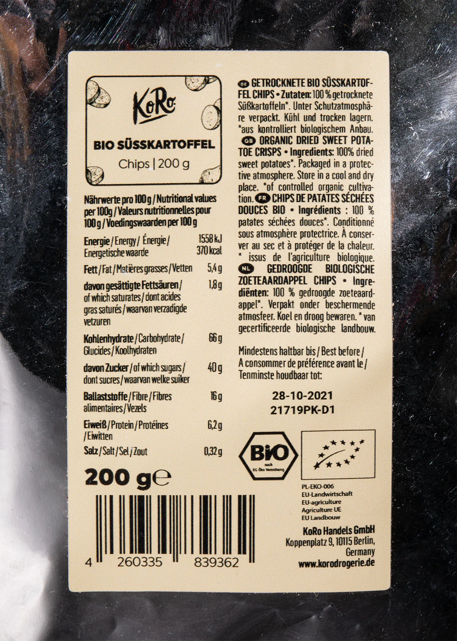the back of a package of bio susskartoffel chips 200g