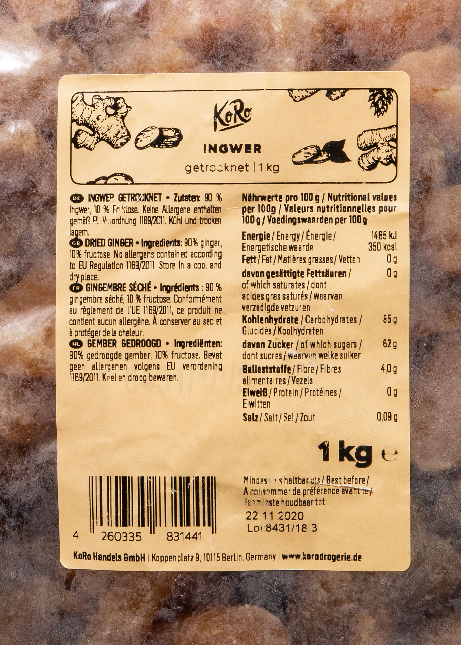 the back of a package of ginger shows the nutritional values
