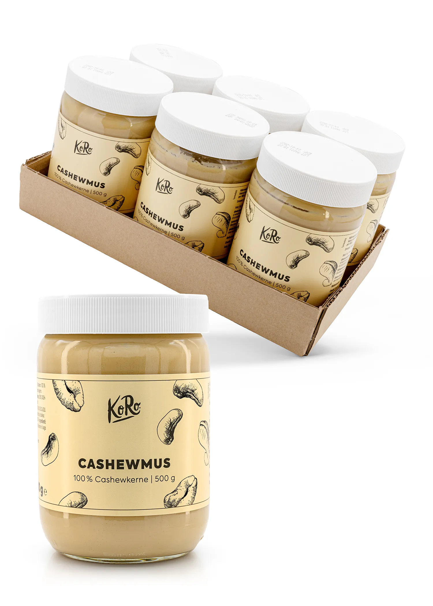 six jars of cashewmus are in a cardboard tray