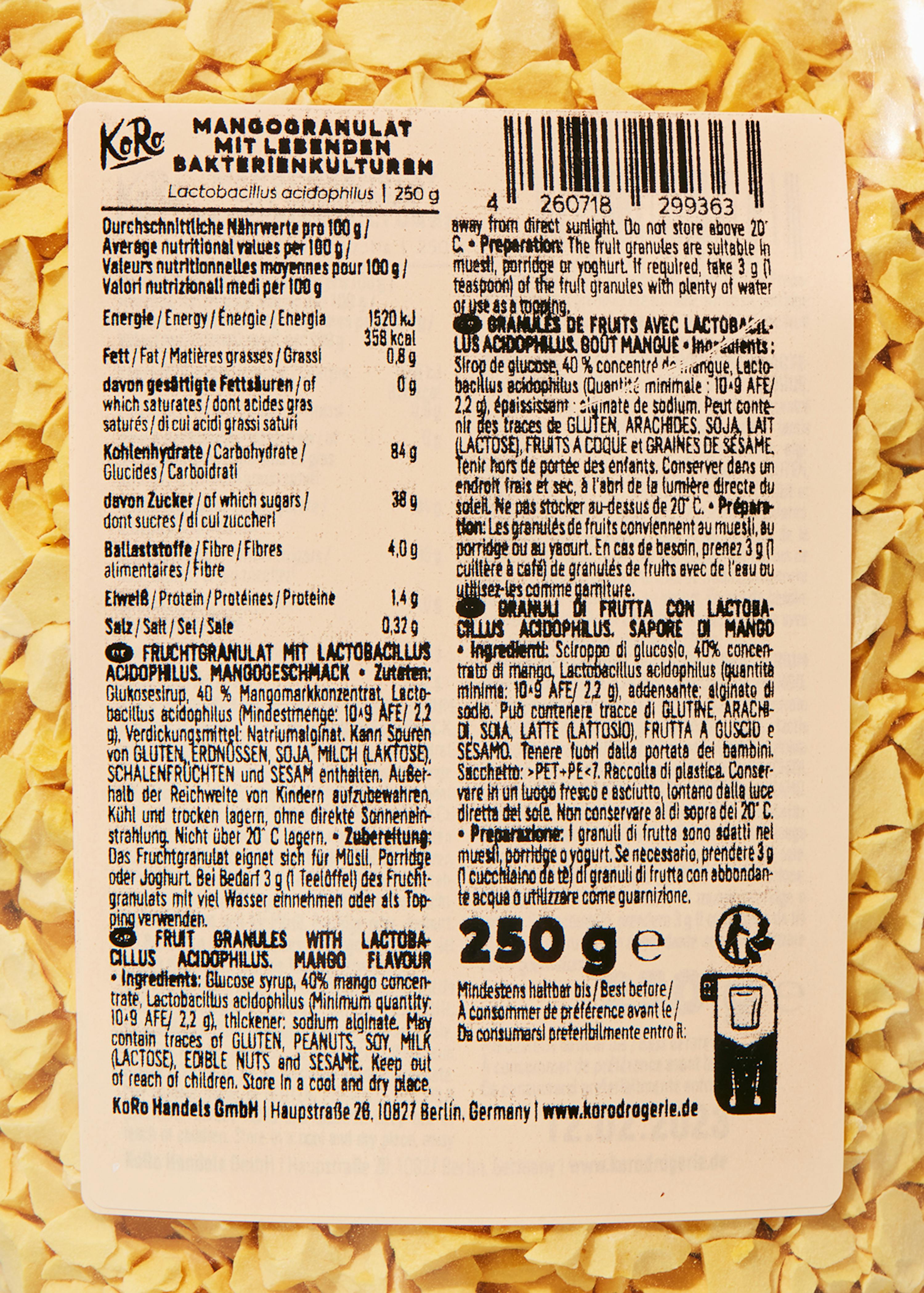 a label for mango granulat with lactobacillus acidophilus
