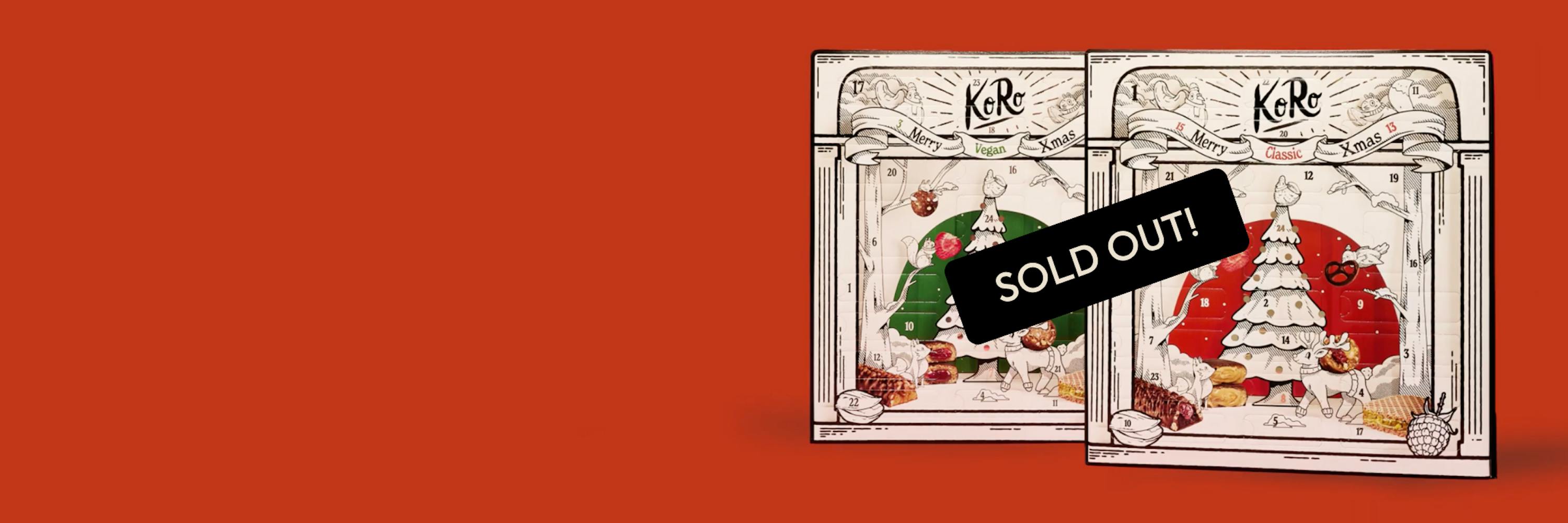 zwei KoRo-adventskalender, einer vegan und einer klassisch, sind mit einem "ausverkauft!"-banner versehen.