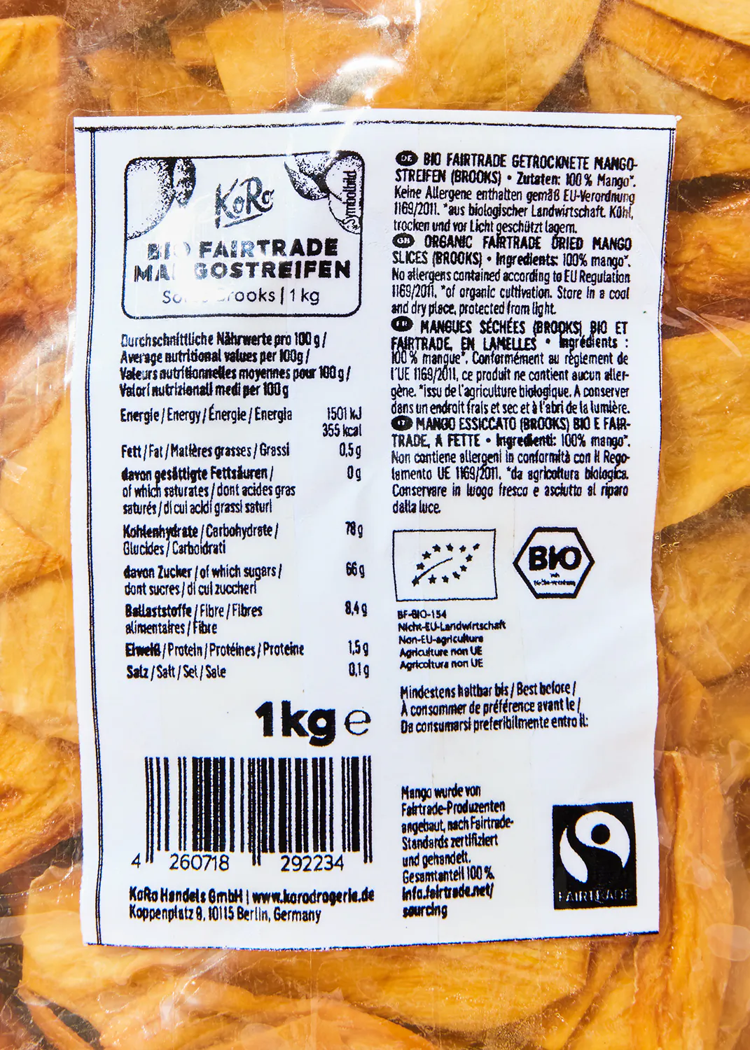 l' arrière de l' emballage d' une mangue séchée bio