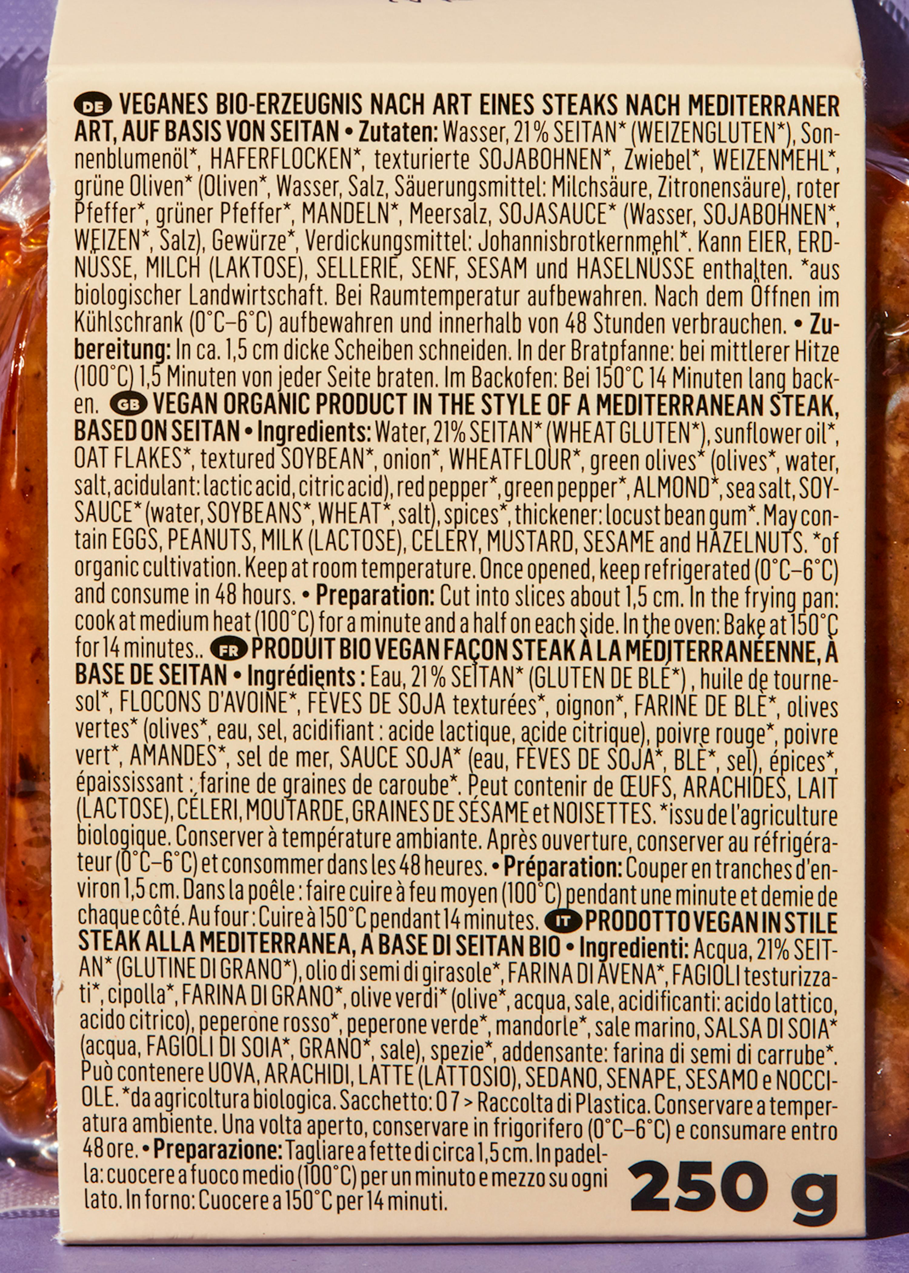 die Rückseite einer Packung 250g veganes bio-erzeugnis nach art eines steaks nach mediterraner art auf basis von seitan