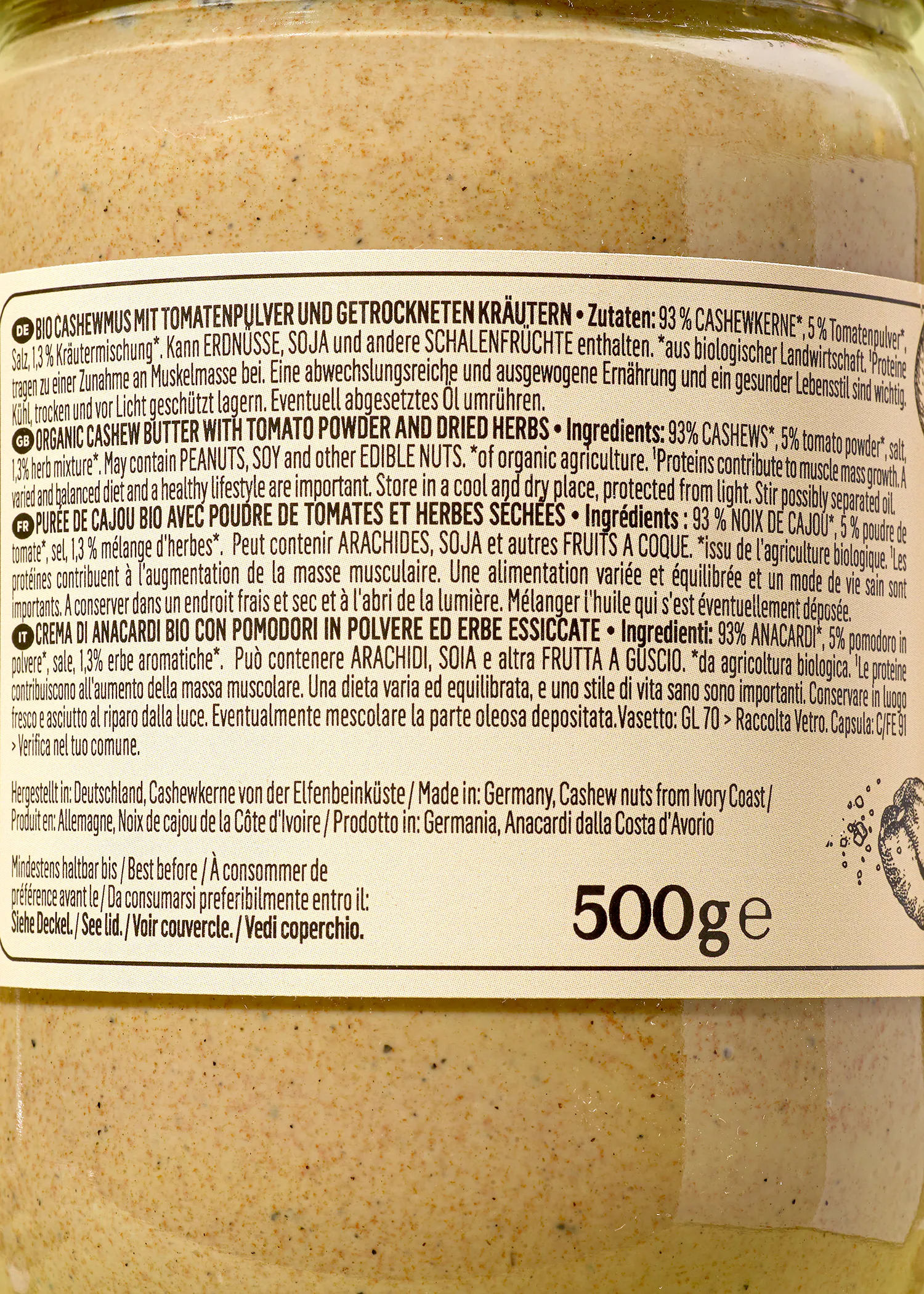 die Rückseite eines 500g-Behälters zeigt die Zutaten