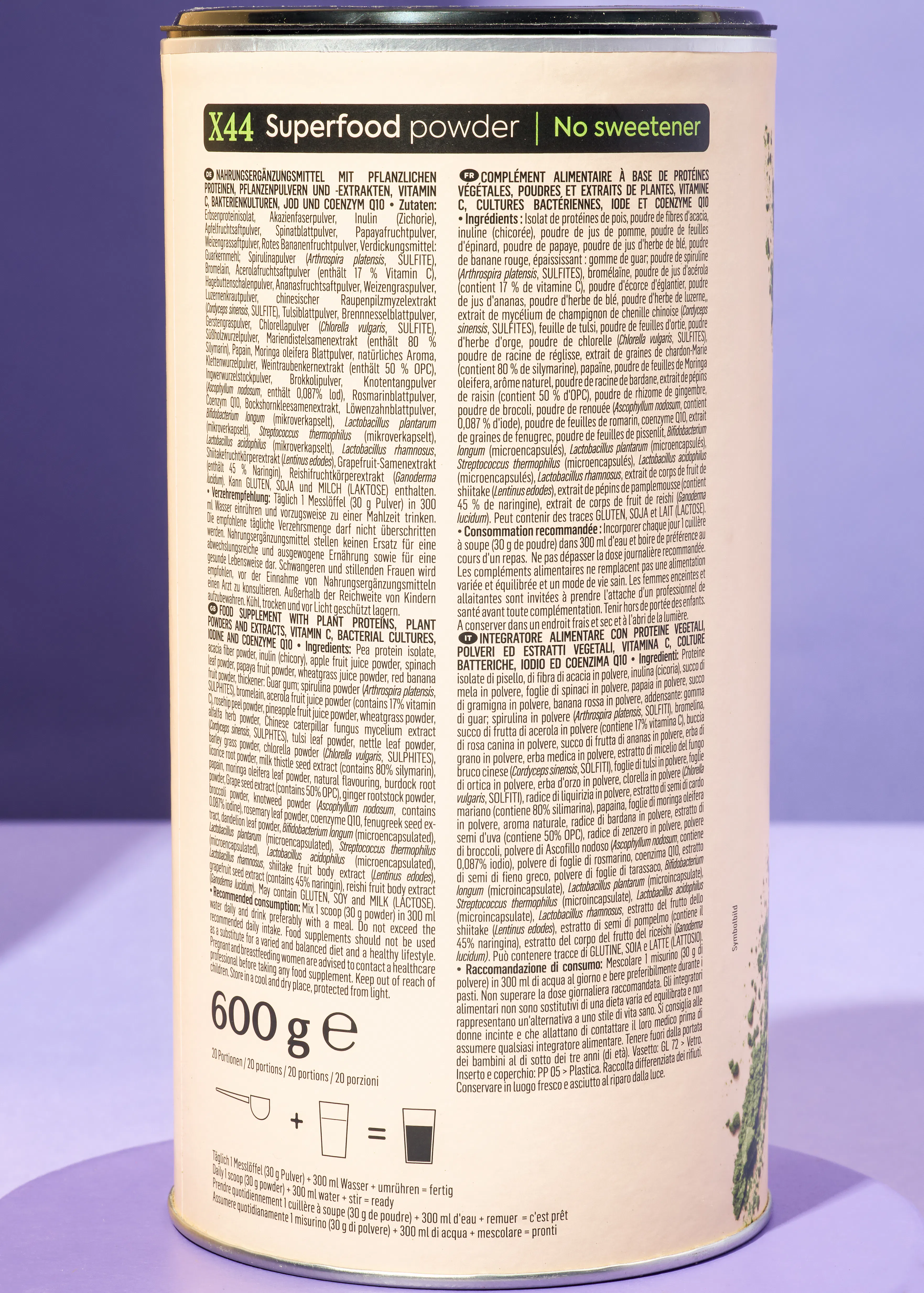 die Rückseite einer Dose x44 Superfood-Pulver ohne Zucker