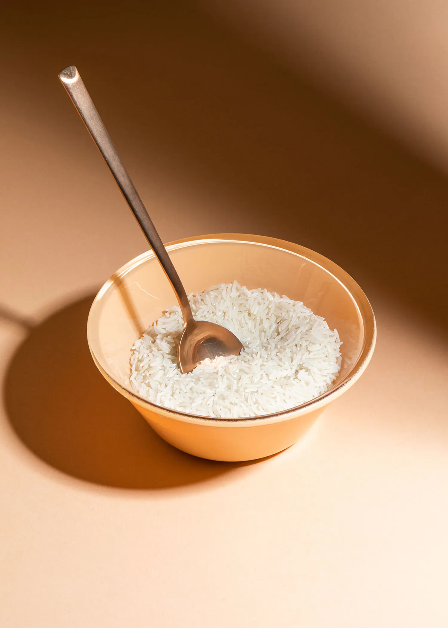 eine braune Schüssel Reis mit einem Löffel darin