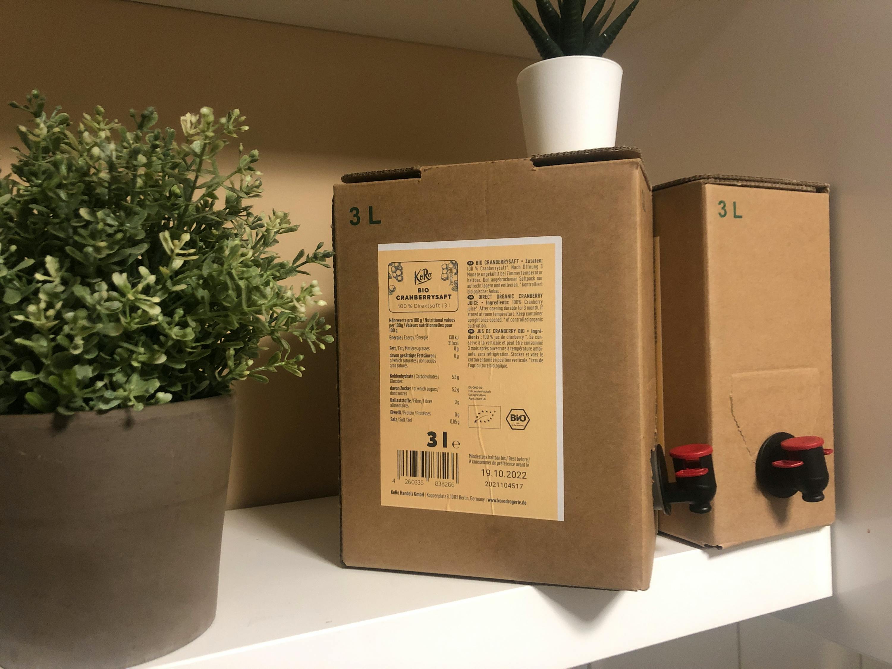 due scatole di cartone con l' etichetta " 3l " sono su un ripiano accanto a una pianta