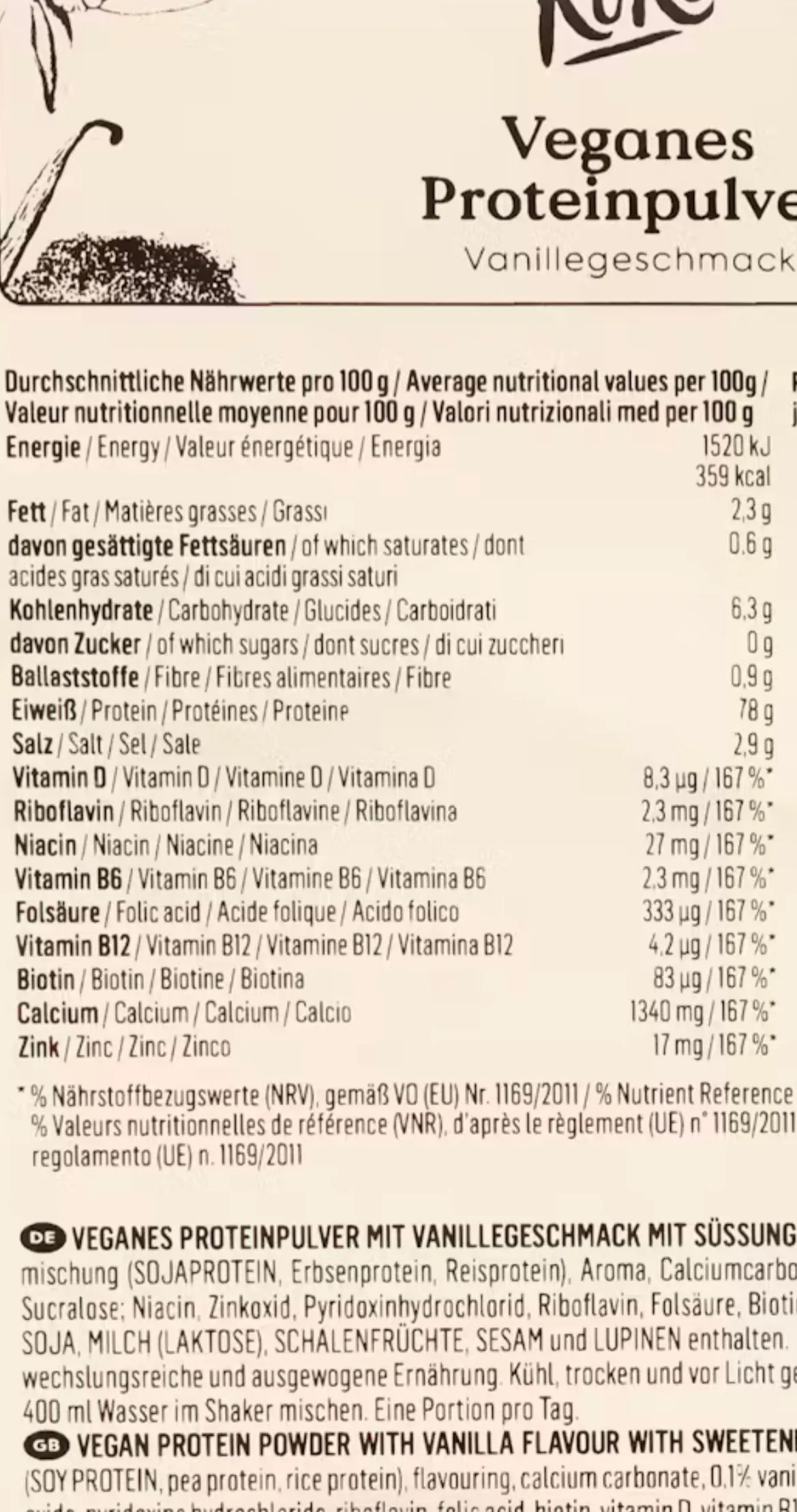 tabella dei valori nutrizionali e lista degli ingredienti per un preparato proteico vegano al gusto vaniglia.