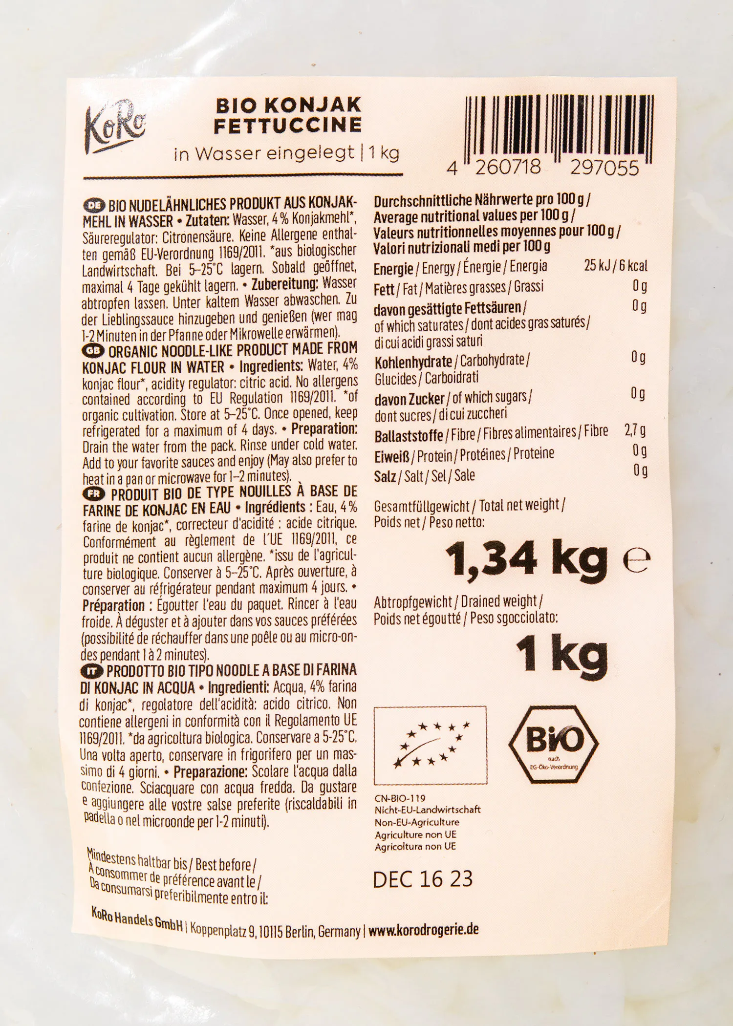 die Rückseite eines Bio-Produkts mit einem Gewicht von 1.34 kg