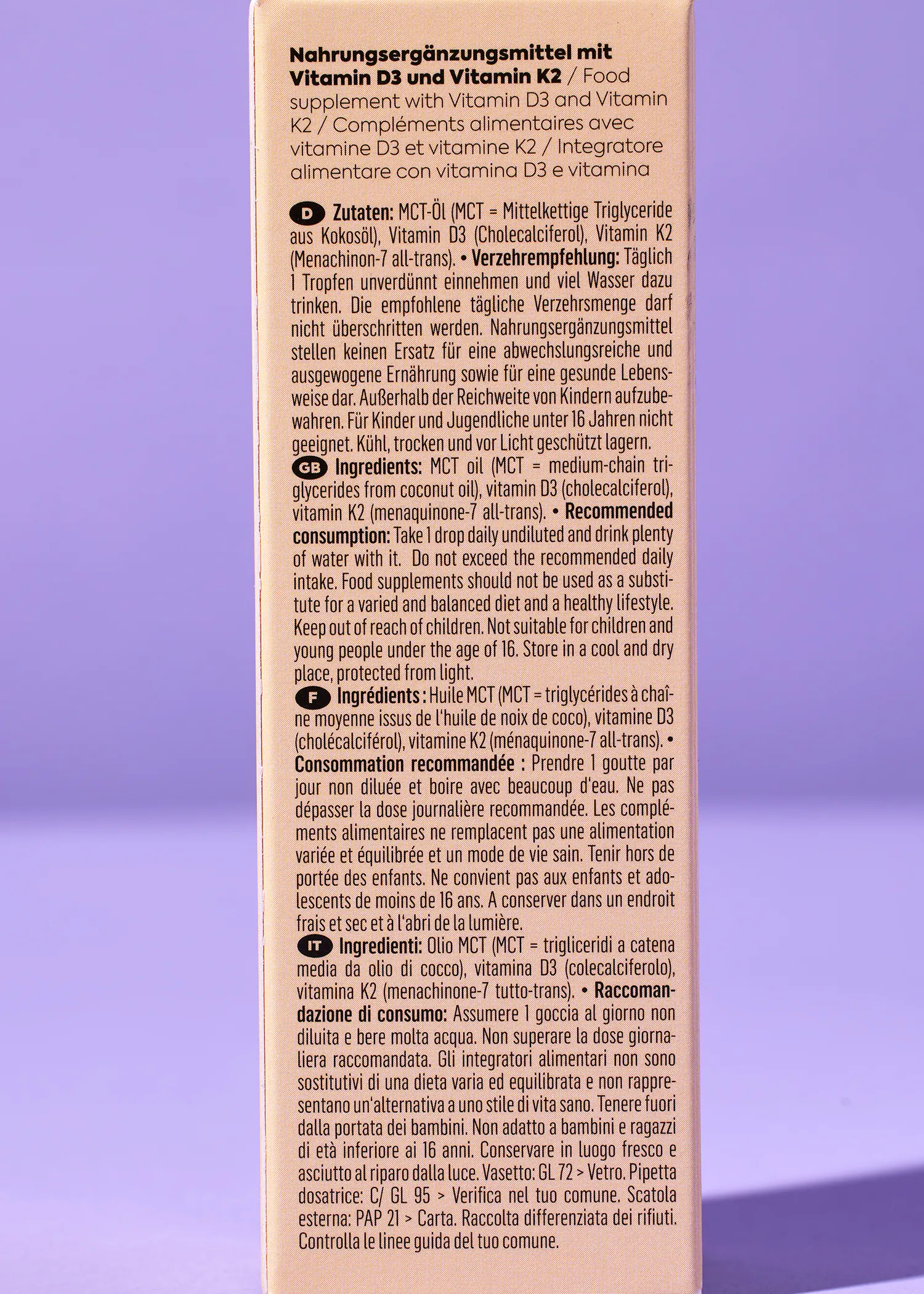 the back of a box of food supplements with vitamin d3 and vitamin k2