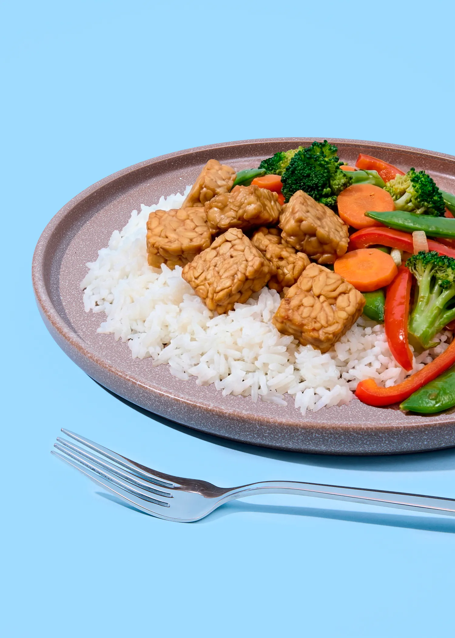ein teller mit reis, tempeh und gemüse, darunter brokkoli, karotten, paprika und zuckerschoten, mit einer gabel im vordergrund auf blauem hintergrund.
