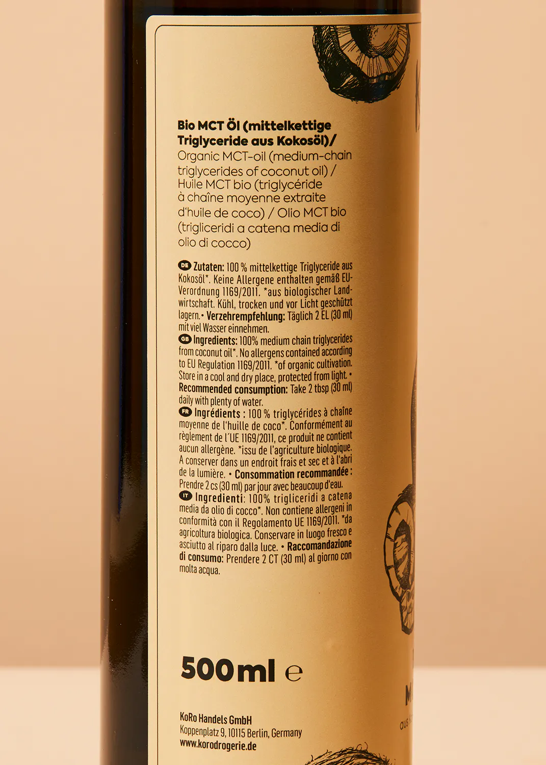the back of a 500 ml bottle of bio mct oil