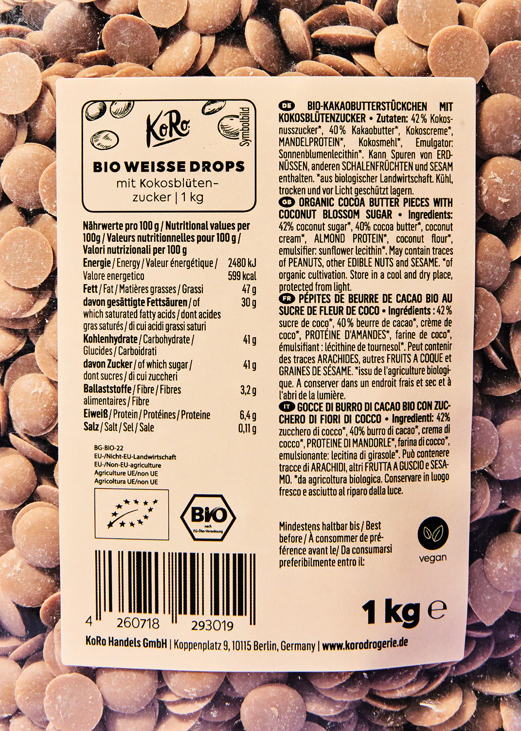 Pepitas de cacao con azúcar de coco BIO 1 kg