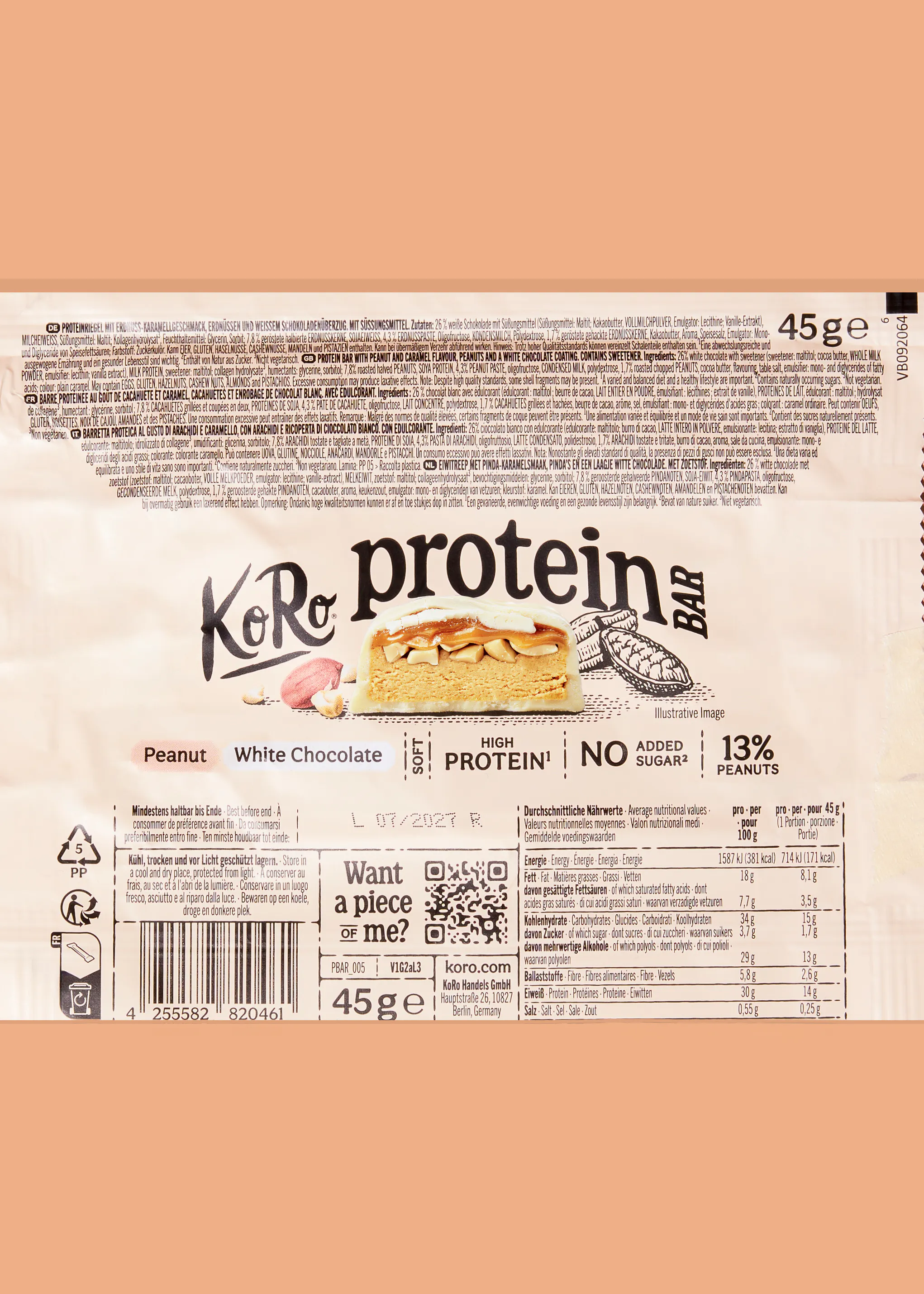 Barre protéinée moelleuse aux cacahuètes et chocolat blanc | 45 g