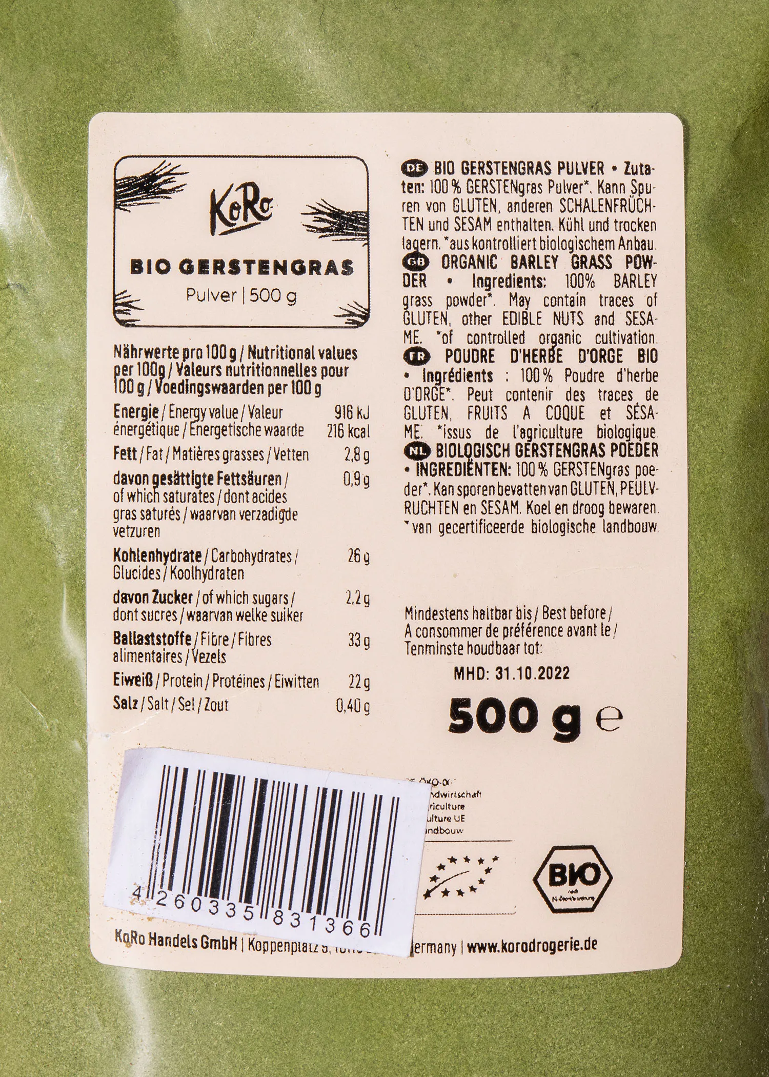 l' étiquette d' un paquet de 500 g d' herbe bio