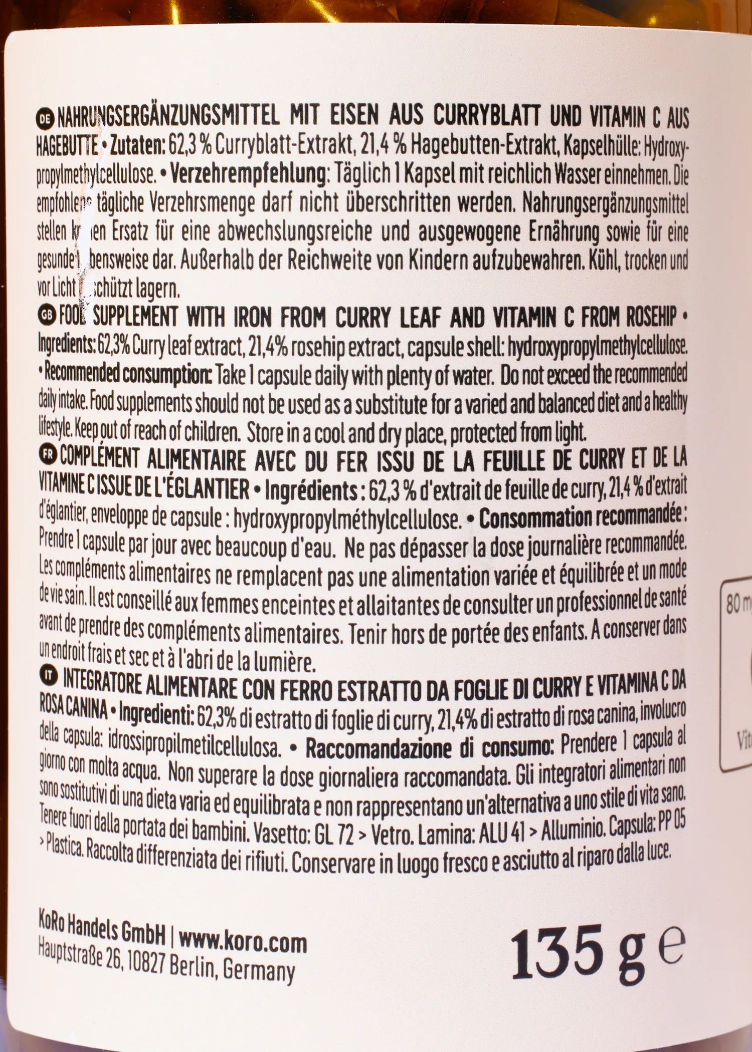 the back of a 135 g bottle of curry leaf and vitamin c