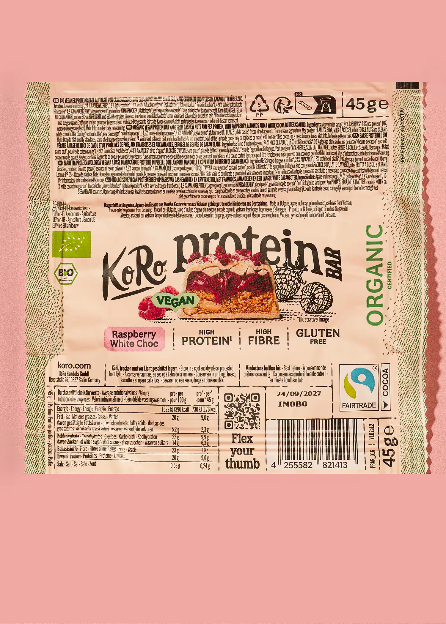 Barre protéinée vegan à la framboise & Choc blanc bio | 3 x 45 g
