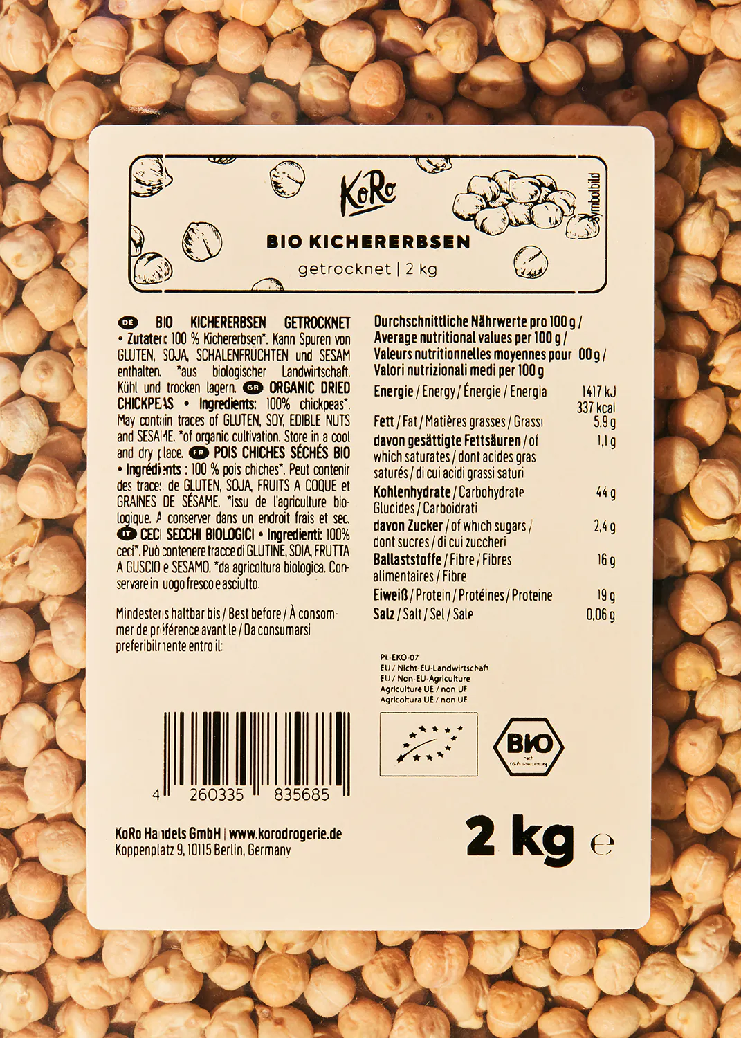 a package of chickpeas has a label that says " bio " on it