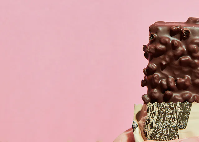 eine Person hält einen Schokoladenriegel mit einem rosa Hintergrund