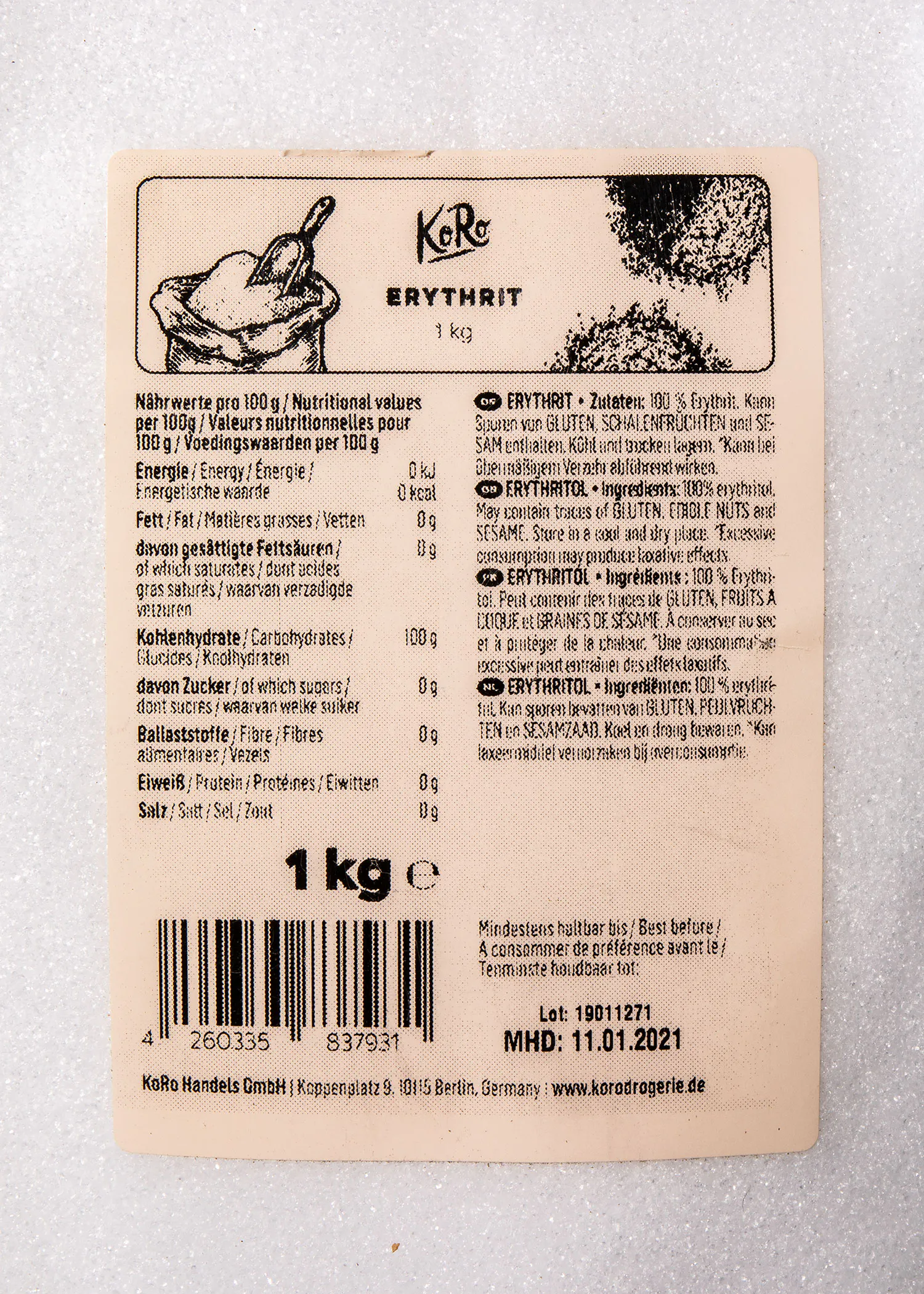 the back of a label for a product called erythrit