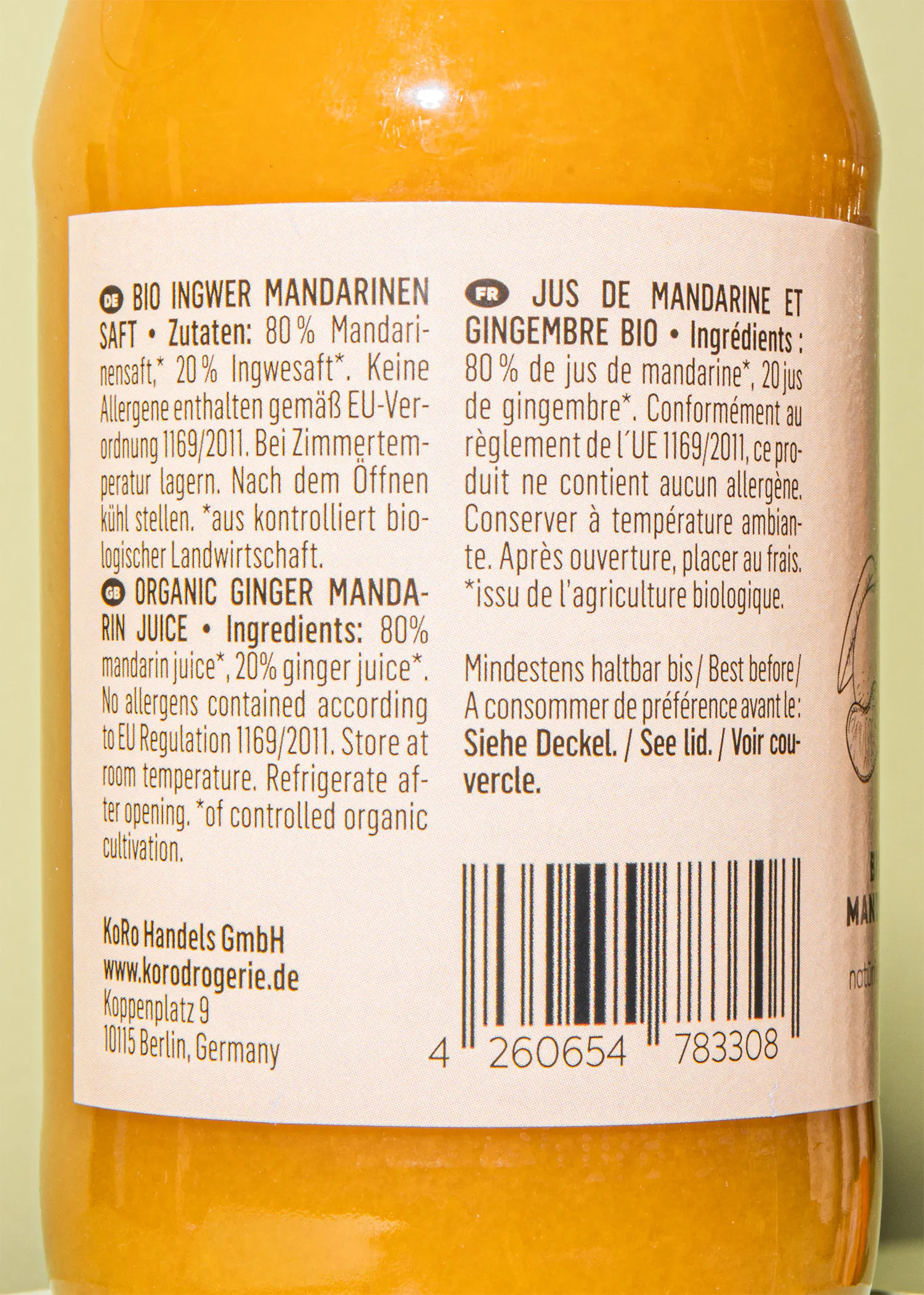 die Rückseite einer Flasche Bio-Zitronensaft