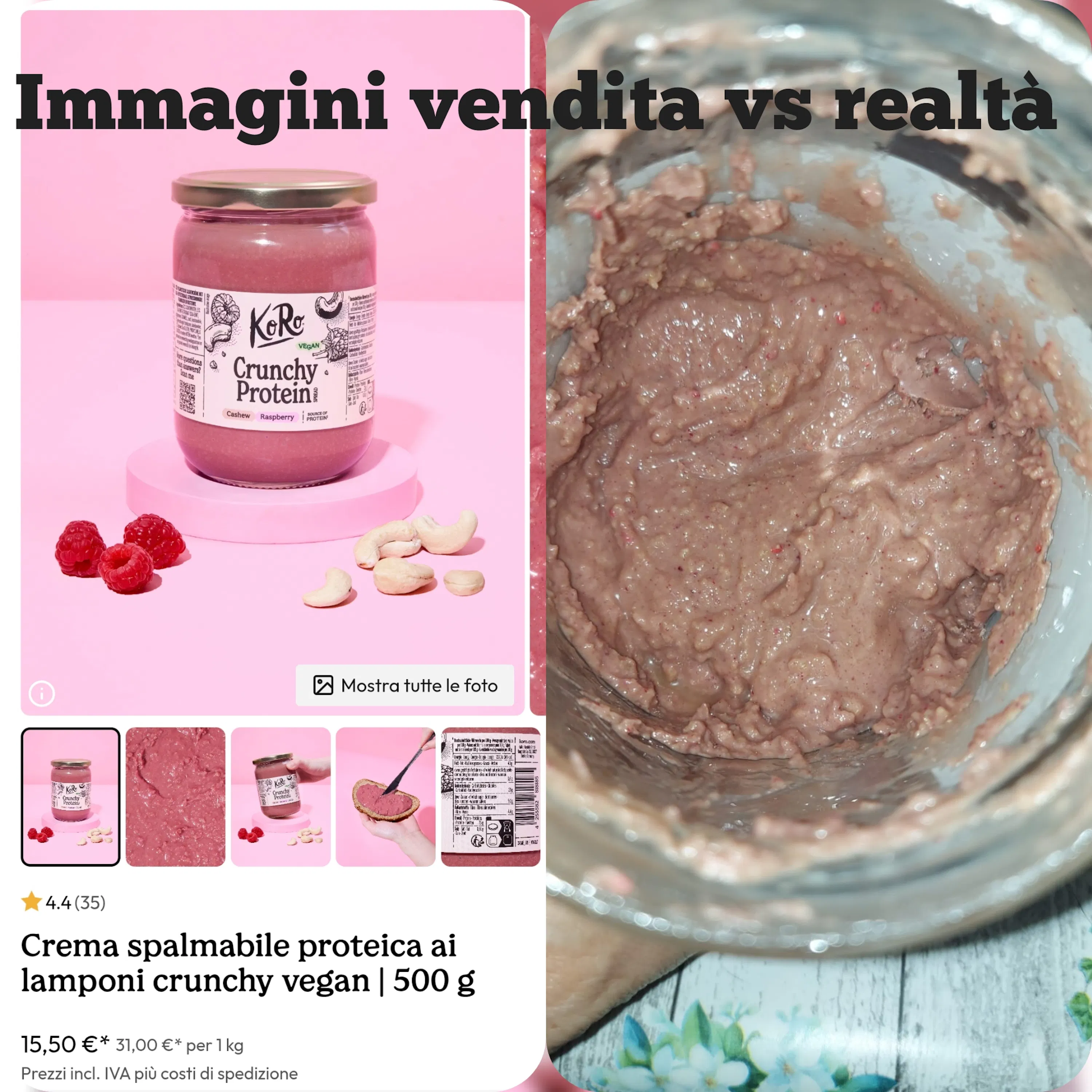 confronto tra l'immagine promozionale di una crema proteica ai lamponi e il suo aspetto reale all'interno del barattolo.